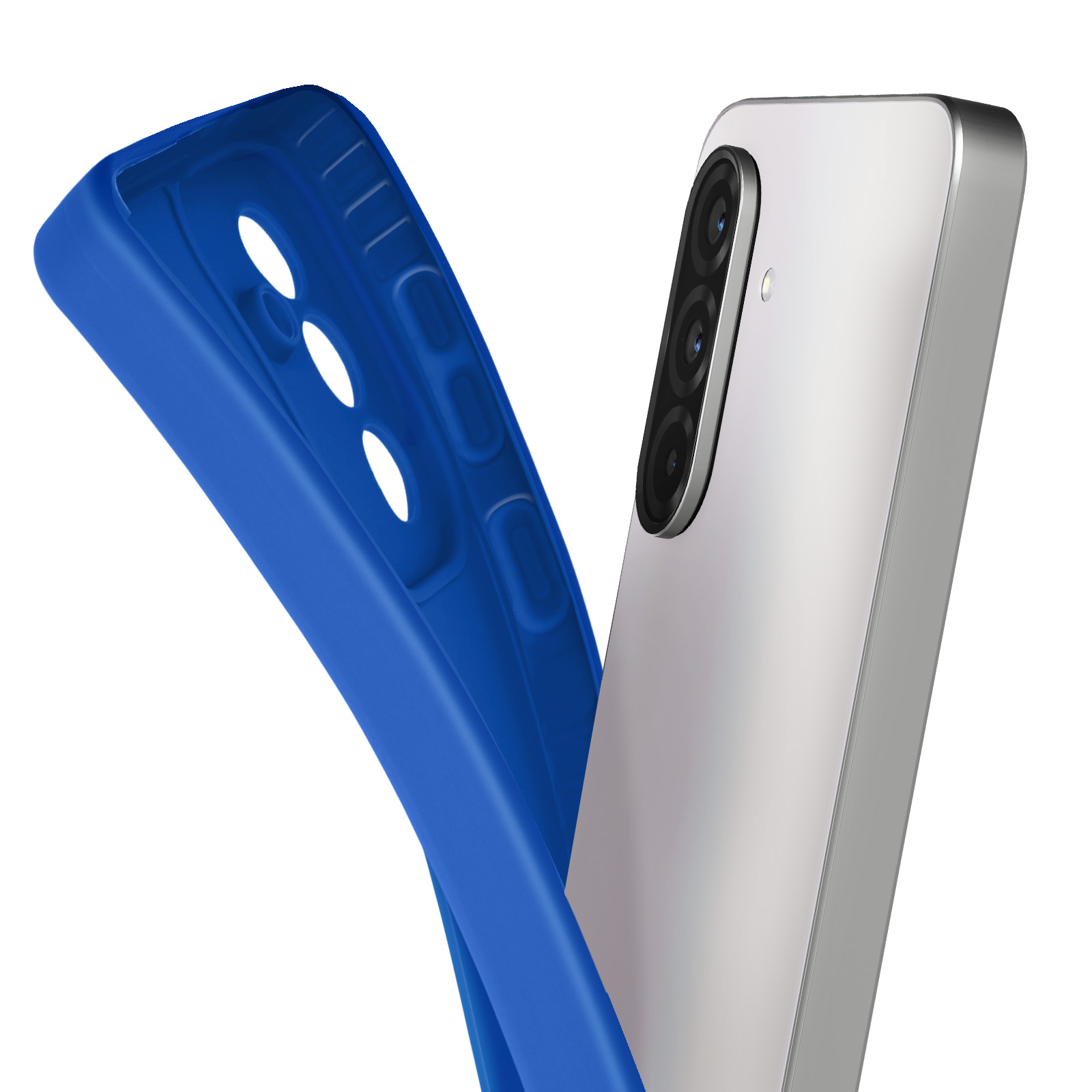 Un smartphone blanc avec une coque bleue est présenté sur fond blanc.