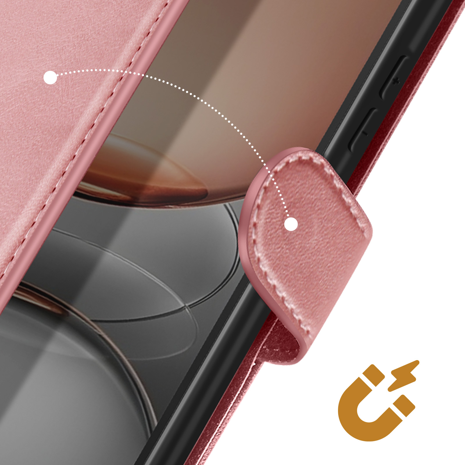 Custodia rosa per telefono con chiusura magnetica. Una linea tratteggiata mostra il collegamento con un'icona magnetica stilizzata.