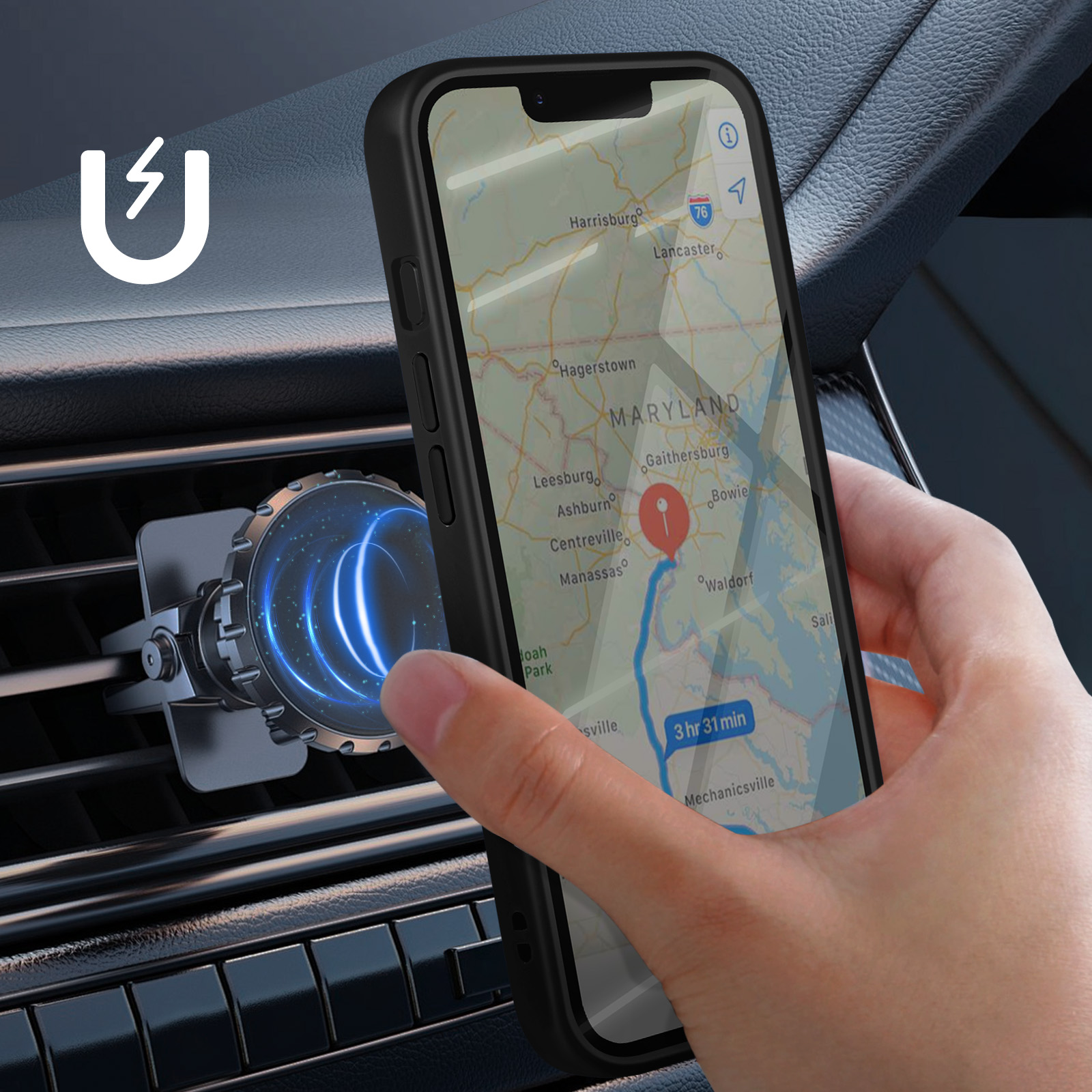 Een telefoon met GPS in een auto, vastgehouden door een hand. Een magnetische telefoonhouder zit in het ventilatierooster.