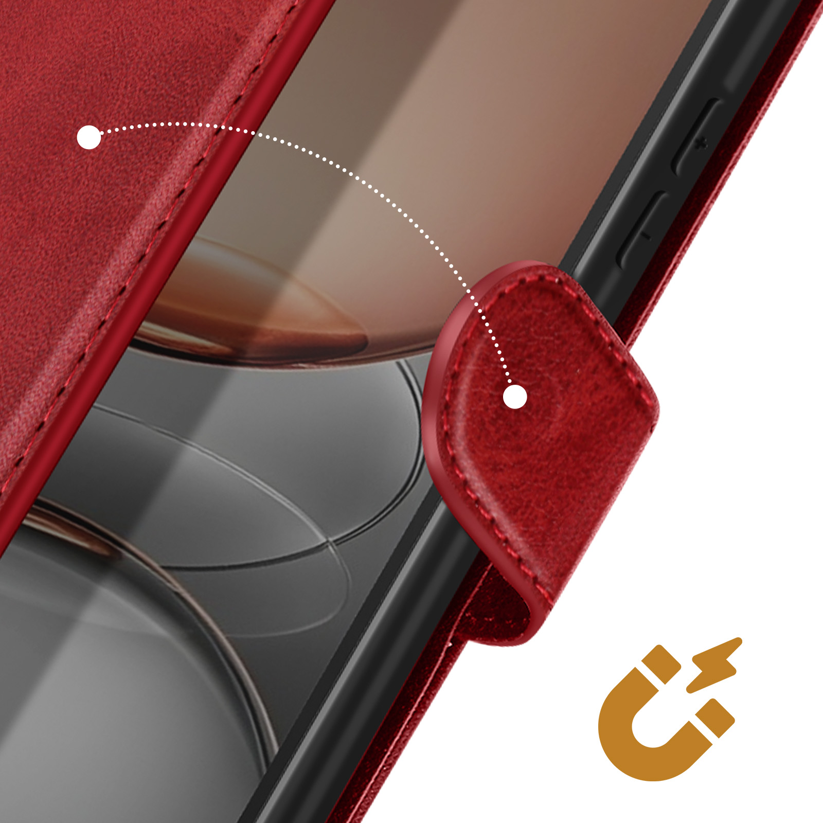 Custodia rossa per telefono con chiusura magnetica, primo piano. Copre il bordo del telefono.
