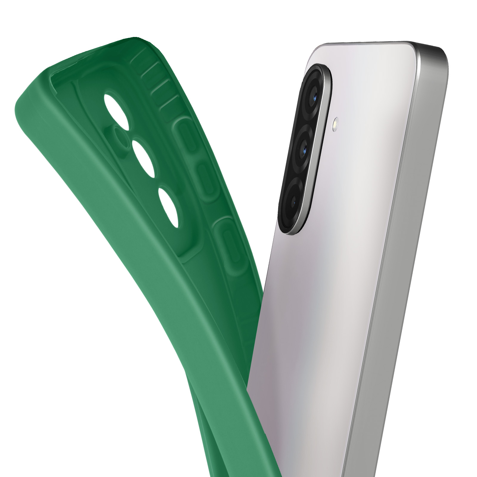 Een groene telefoonhoes en een zilveren telefoon met drievoudige lens tegen een witte achtergrond.