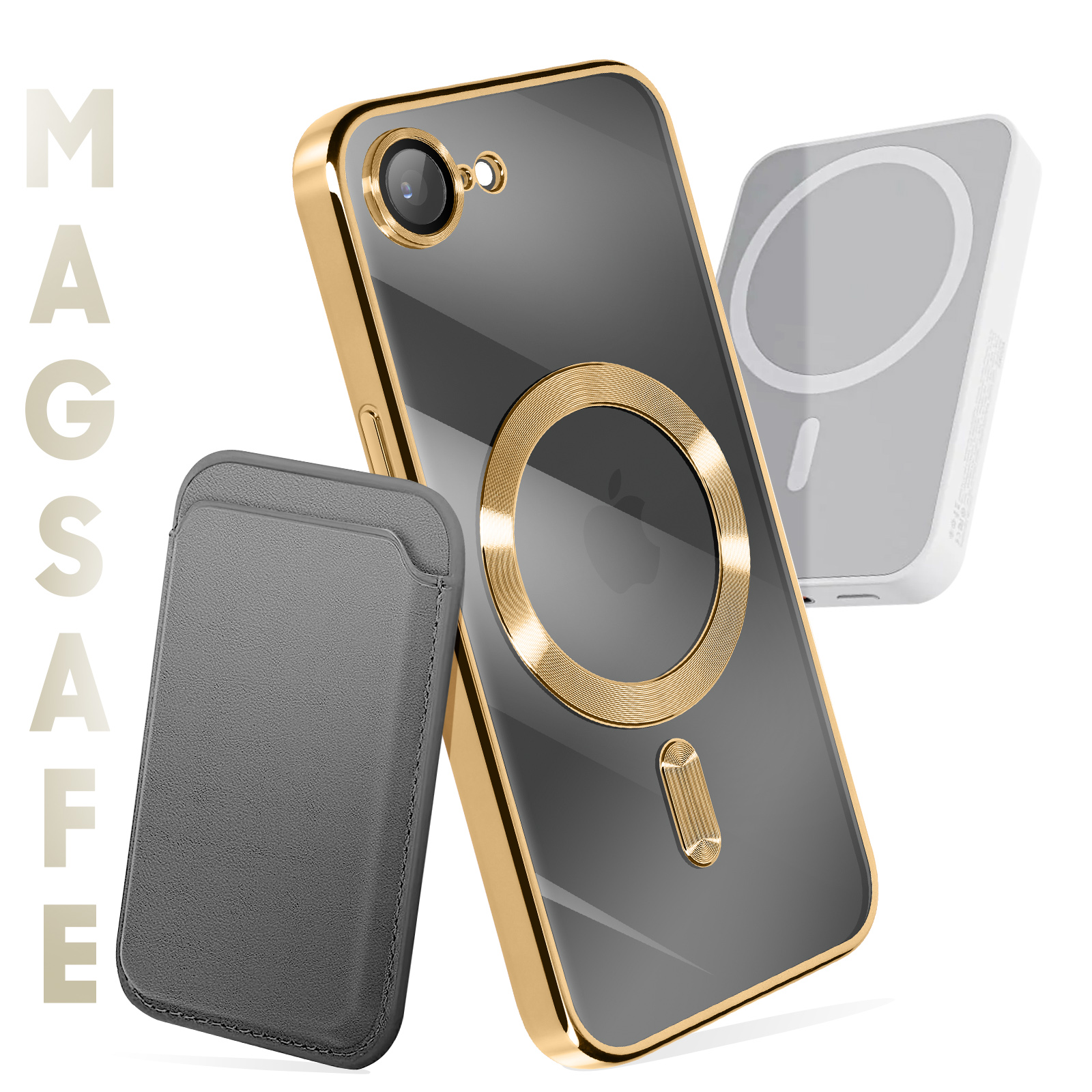 Une coque de téléphone, un portefeuille et un chargeur sont affichés. L'étui est doré et noir, le portefeuille gris et le chargeur blanc.