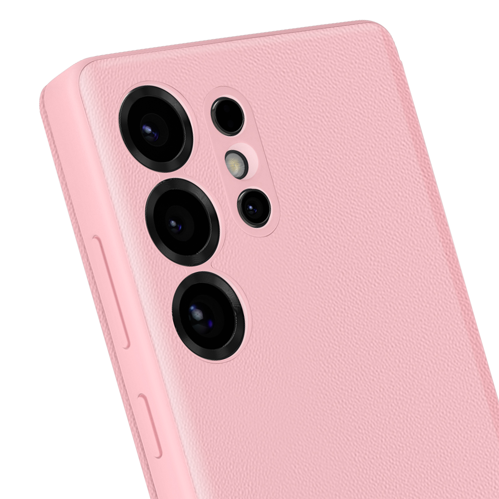 Primo piano di una custodia rosa per telefono con più lenti e superficie strutturata, sfondo bianco.