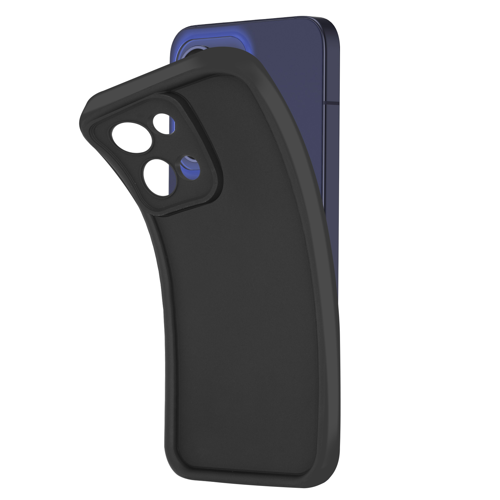 Una custodia nera copre parzialmente un telefono blu. La custodia ha fori per la fotocamera.