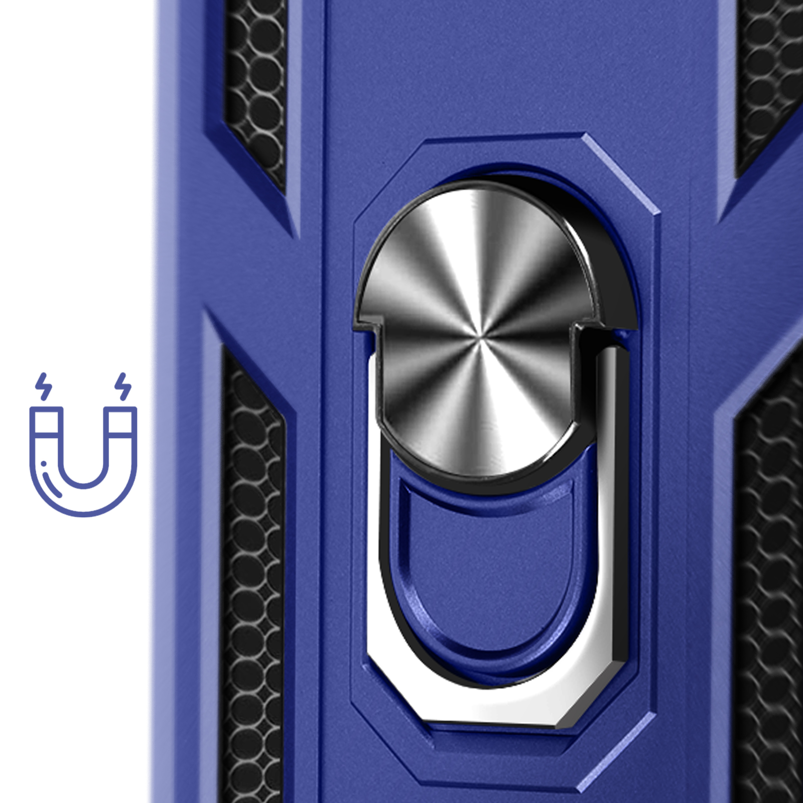 Coque de téléphone bleue avec anneau argenté. Icône d'aimant à gauche. La coque a un design en nid d'abeille.