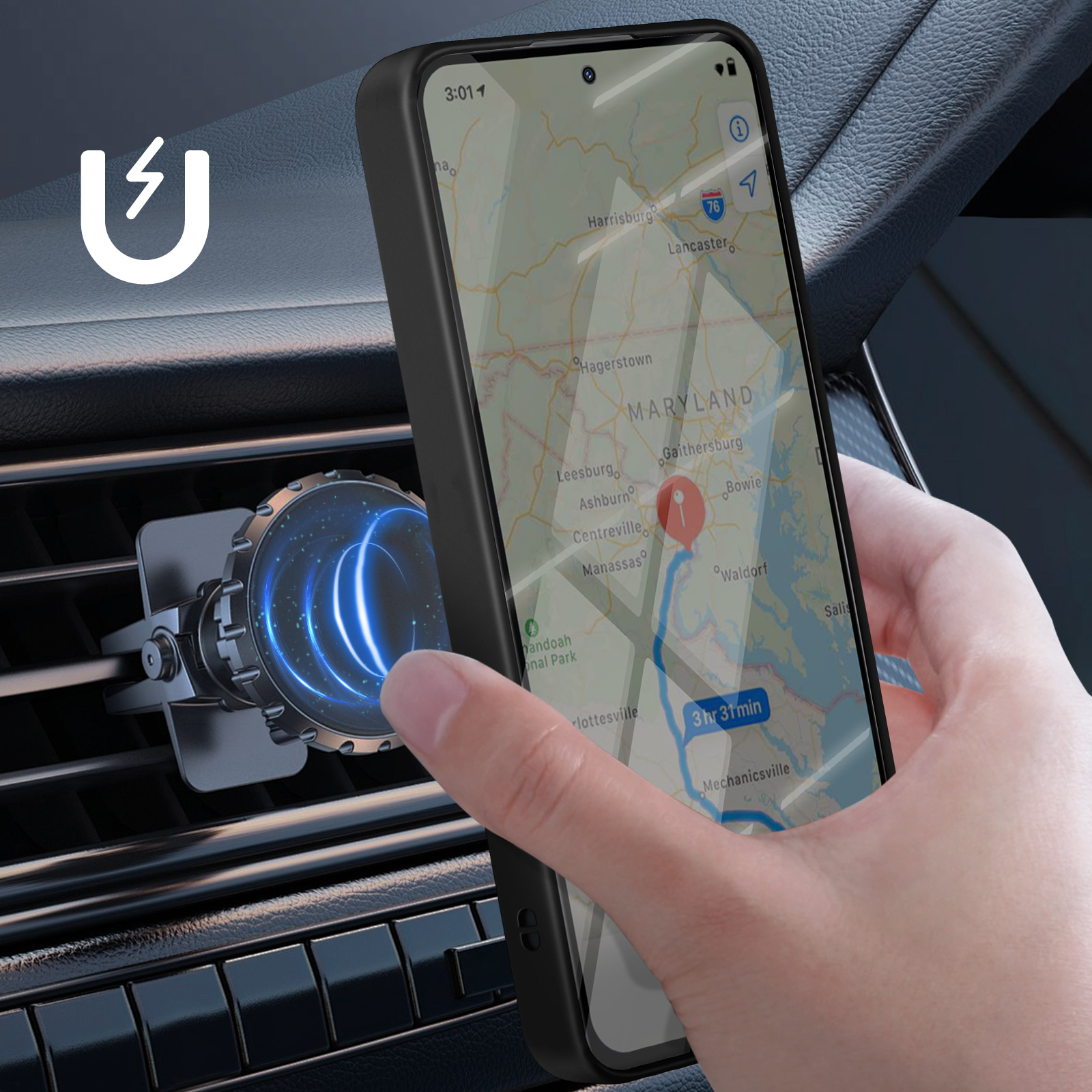 Un telefono con mappa è montato su una bocchetta dell'auto. Una mano tiene il telefono vicino a un supporto magnetico.