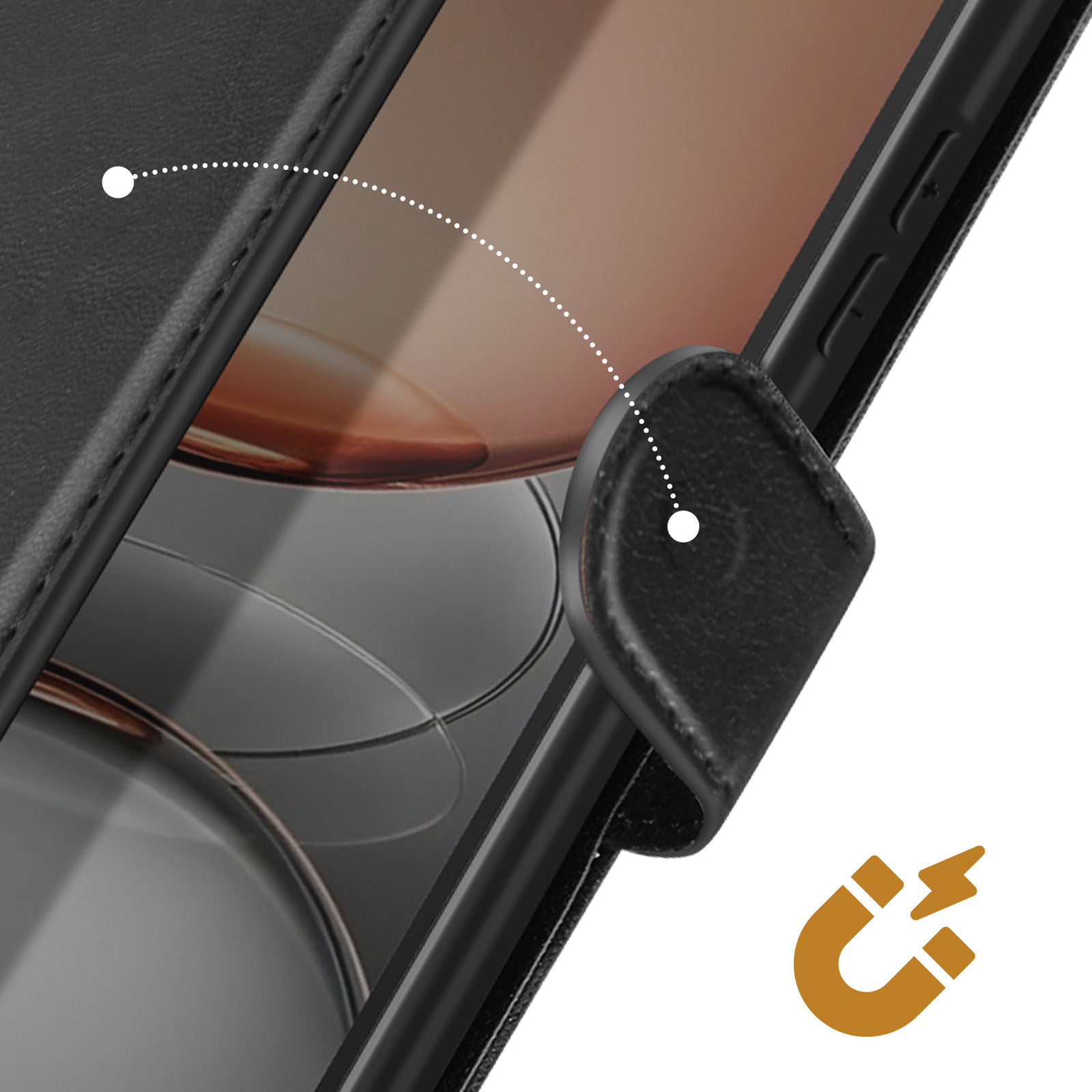 Primo piano di una custodia per telefono nera con chiusura magnetica. Una linea tratteggiata collega la custodia al telefono.