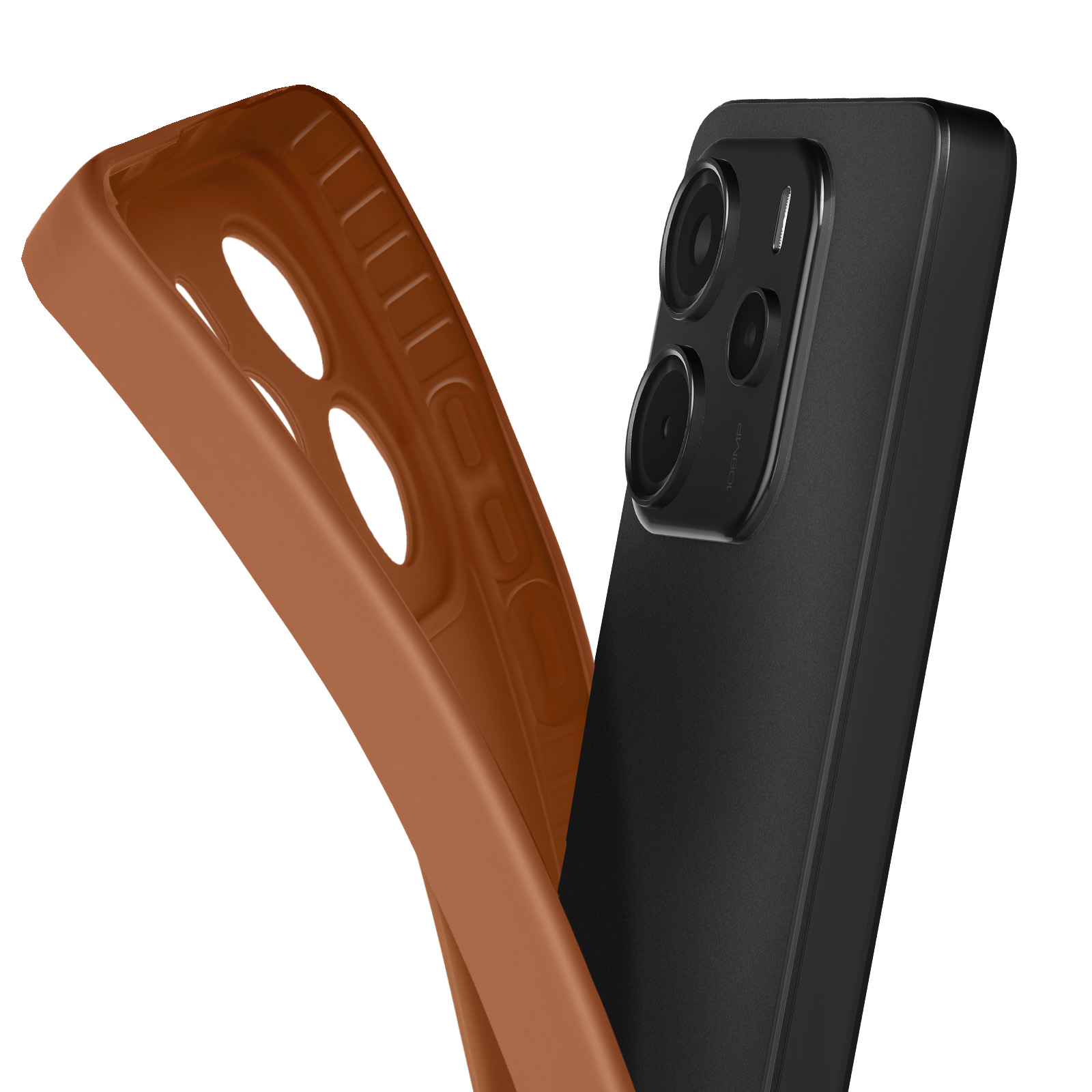 Una custodia per telefono e uno smartphone nero con più obiettivi su sfondo bianco.