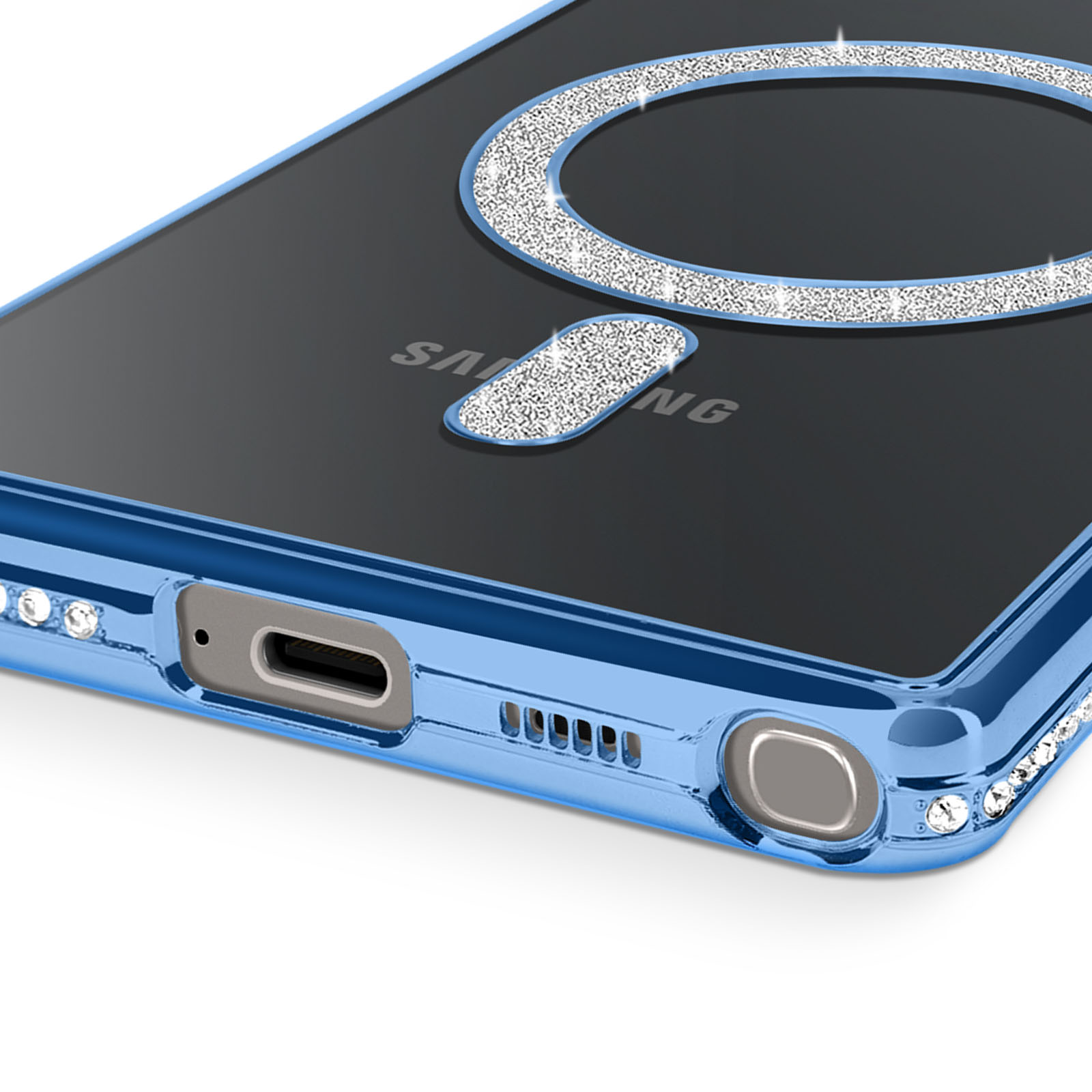 Custodia blu per telefono con retro trasparente. Ha un anello scintillante e gemme. Il fondo ha porte e una fotocamera.
