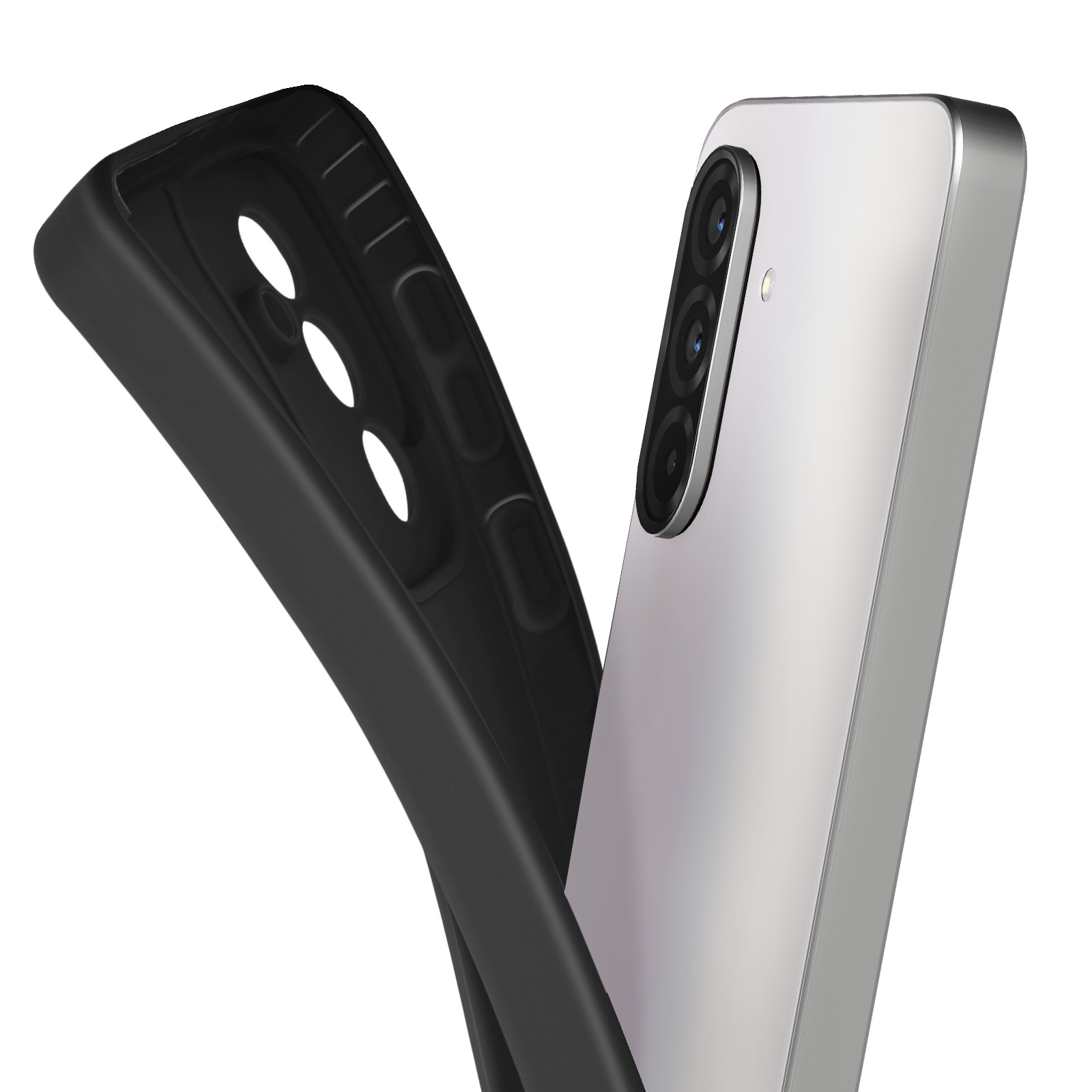 Een telefoon en een zwarte telefoonhoes worden getoond. De hoes is naar de kijker gekanteld, de telefoon staat op de achtergrond.