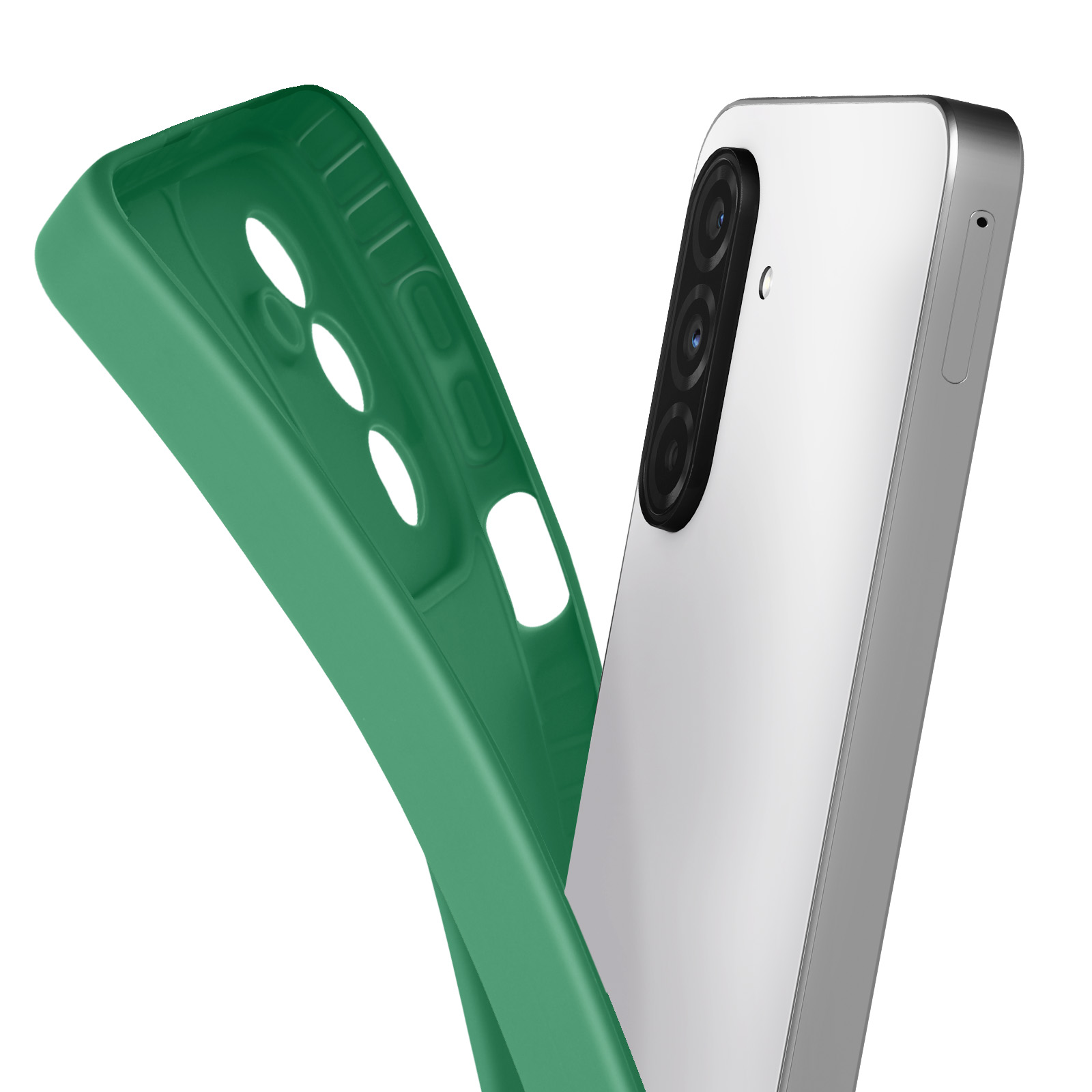 Una custodia verde accanto a uno smartphone bianco. Il telefono ha tre obiettivi.