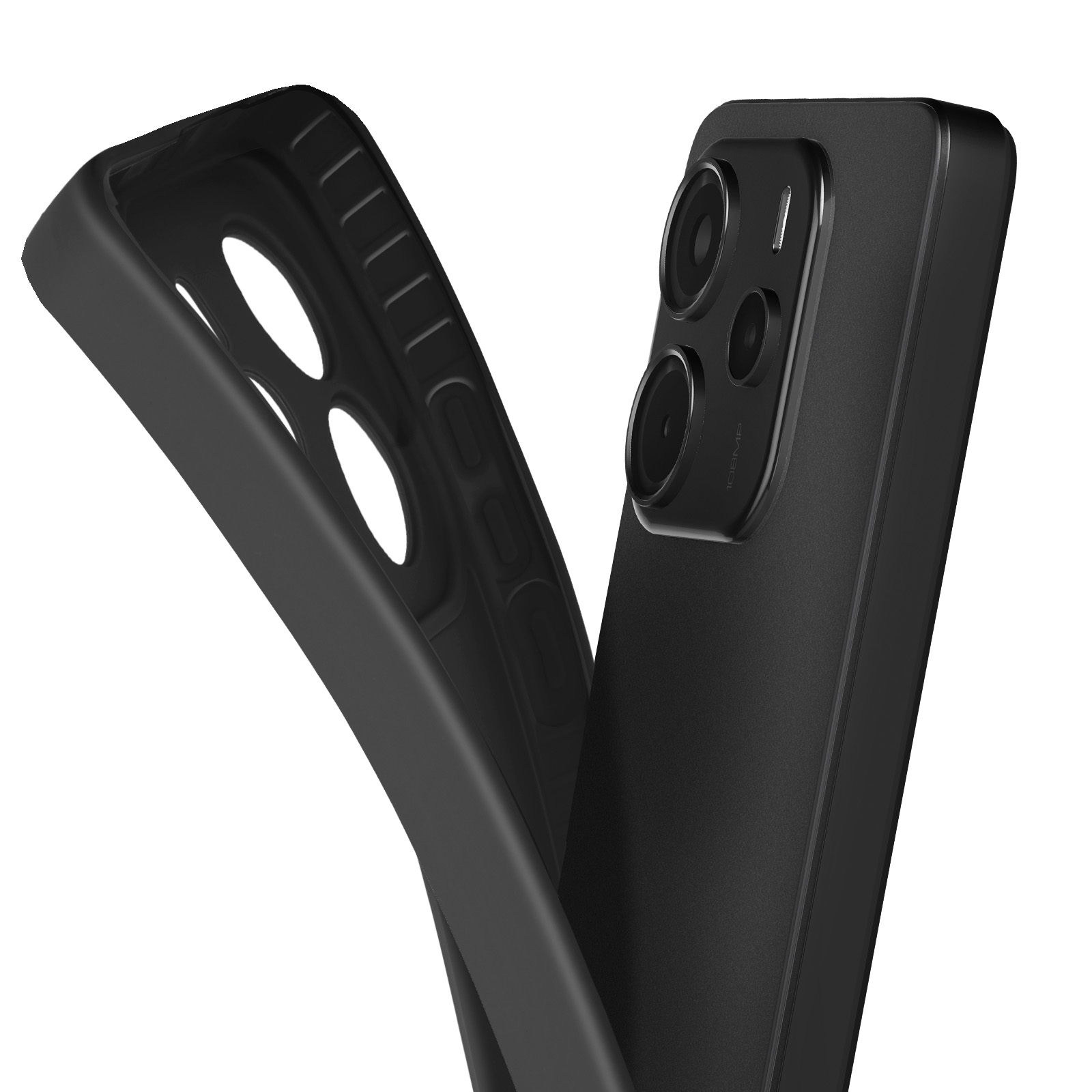 Un étui de téléphone noir est ouvert, révélant un téléphone avec plusieurs objectifs de caméra, tous deux noirs, sur fond blanc.