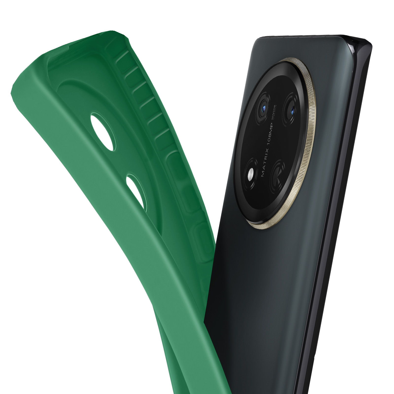 Una custodia verde accanto a un telefono nero. Il telefono ha un sistema fotocamera e un anello dorato.