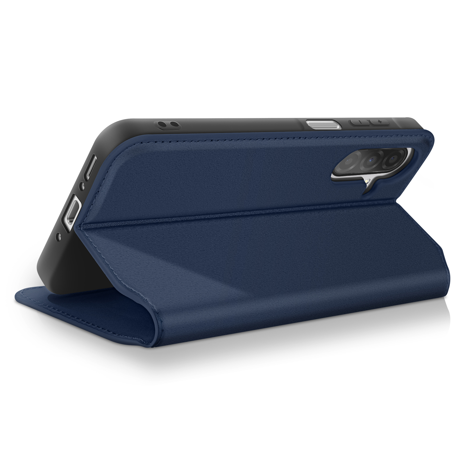 Una custodia blu navy è aperta, sorreggendo un telefono nero. La custodia è su una superficie bianca.