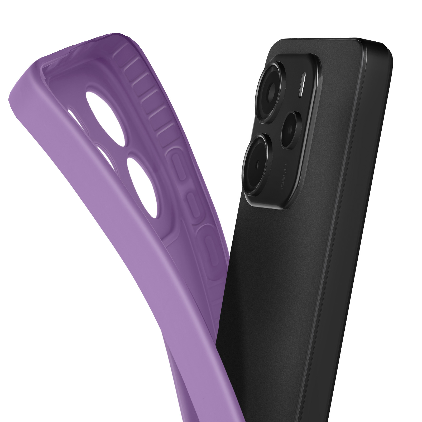 Uno smartphone nero con più lenti e una custodia viola, con tre fori. Sfondo bianco.