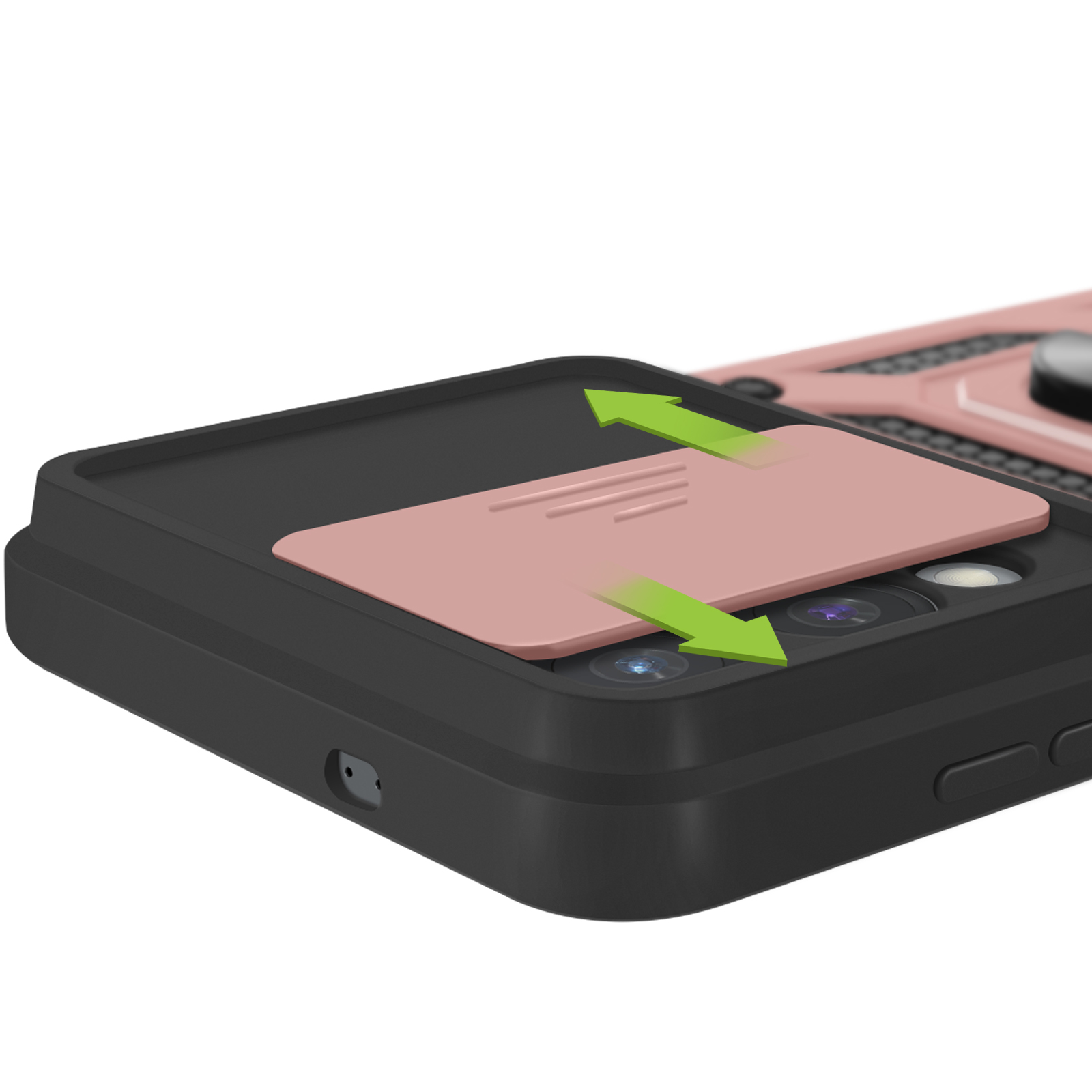 Una custodia per telefono con copertura per fotocamera e supporto ad anello. Frecce verdi indicano lo scorrimento. Nero e oro rosa.