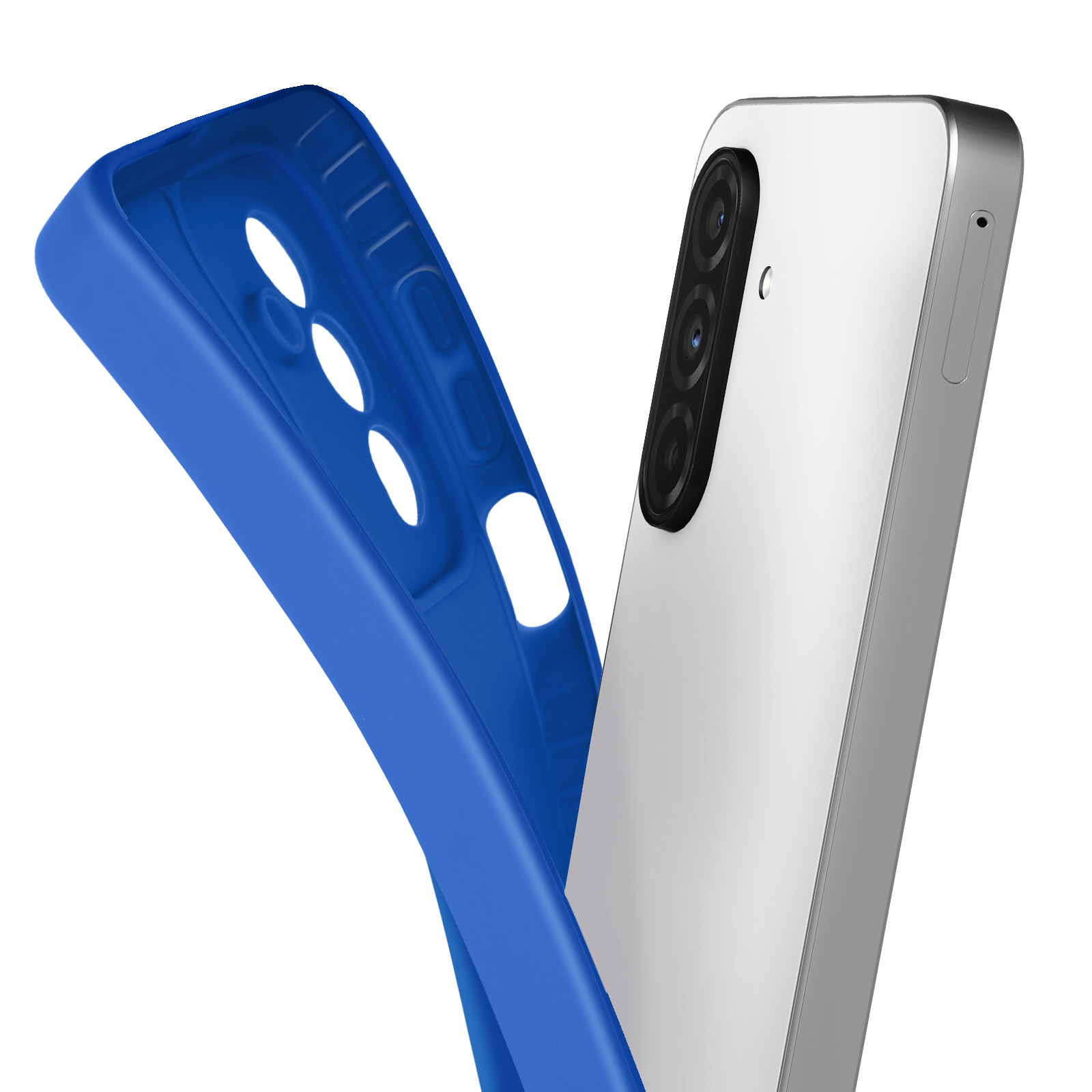 Uno smartphone bianco con cornice argentata e una custodia blu. La custodia è aperta e angolata verso il telefono.