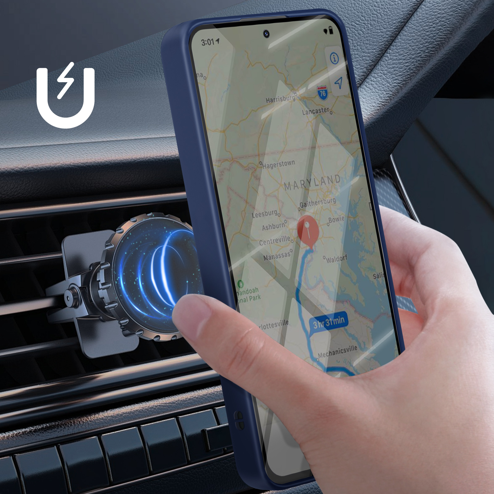 Un telefono con custodia blu mostra una mappa. È montato su una bocchetta dell'auto con un supporto magnetico, tenuto da una mano.