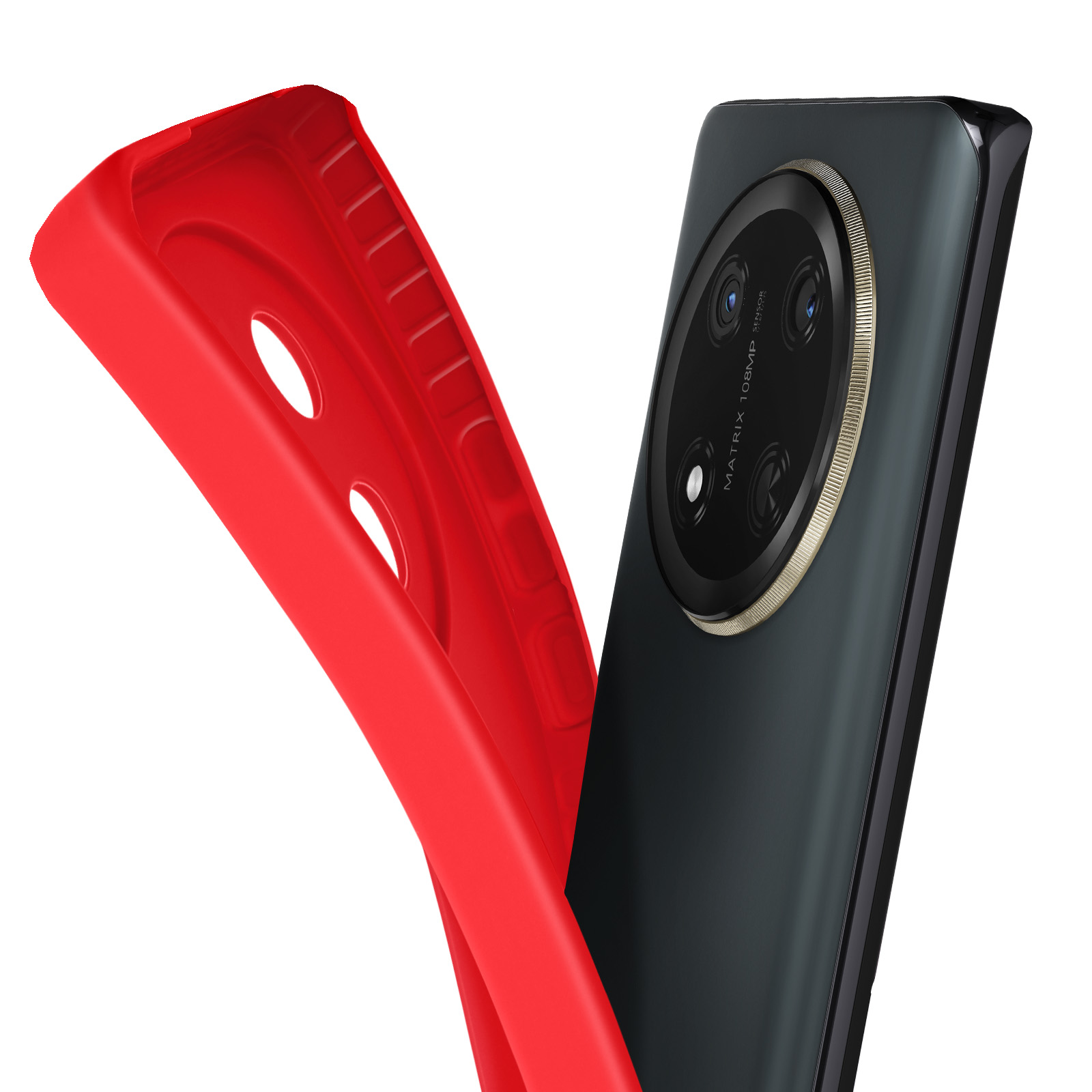 Uno smartphone scuro con un ampio modulo fotocamera, una custodia rossa è parzialmente visibile. Sfondo bianco.