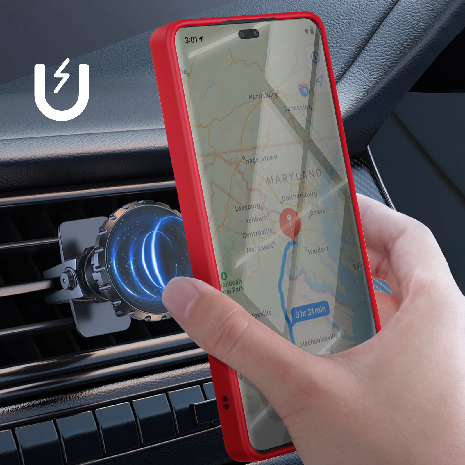 Una mano che tiene un telefono con una custodia rossa, che mostra una mappa. Sono visibili anche un supporto per bocchetta e un'icona a calamita.