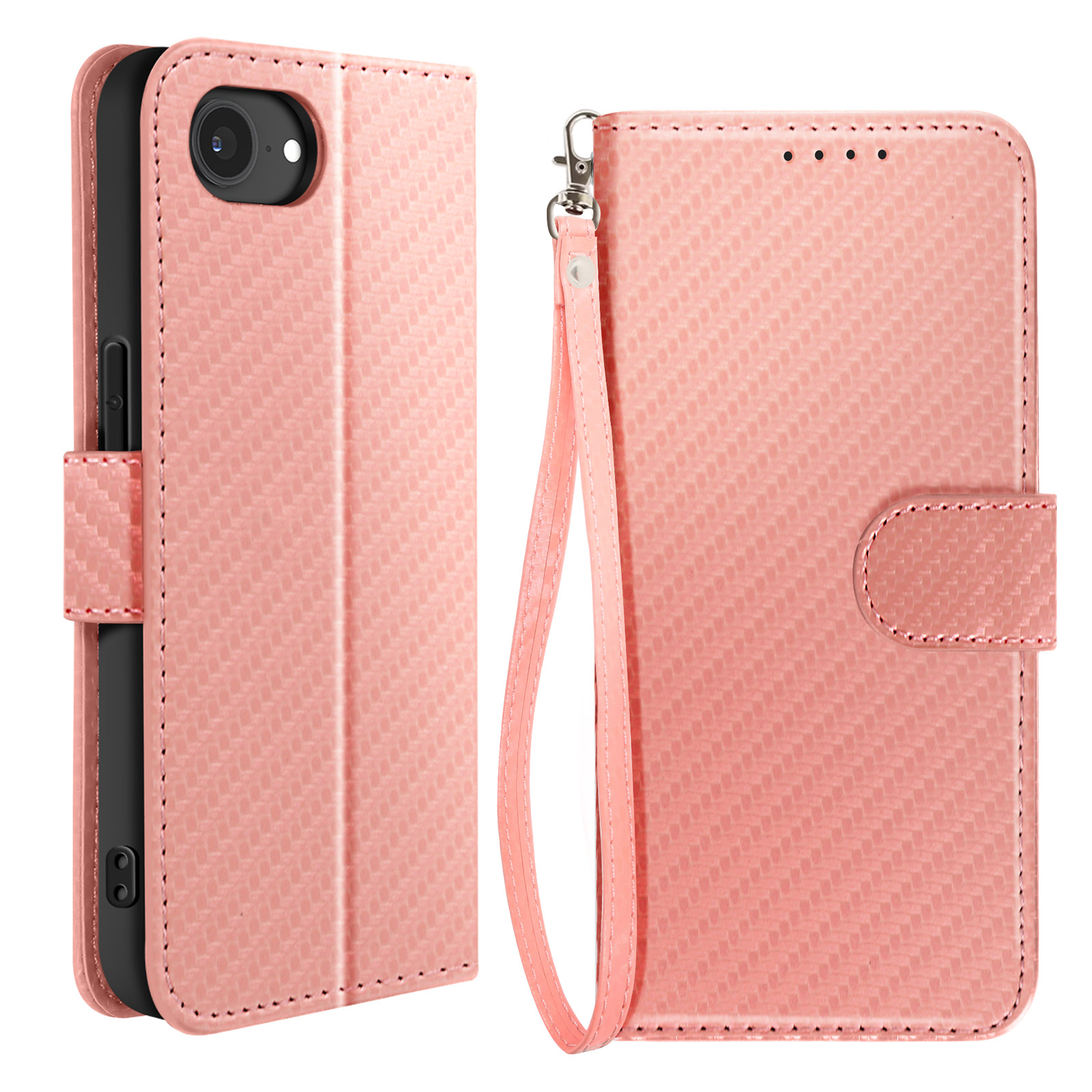 Custodia per telefono rosa con trama intrecciata, cinturino da polso e chiusura magnetica, aperta per rivelare un telefono.