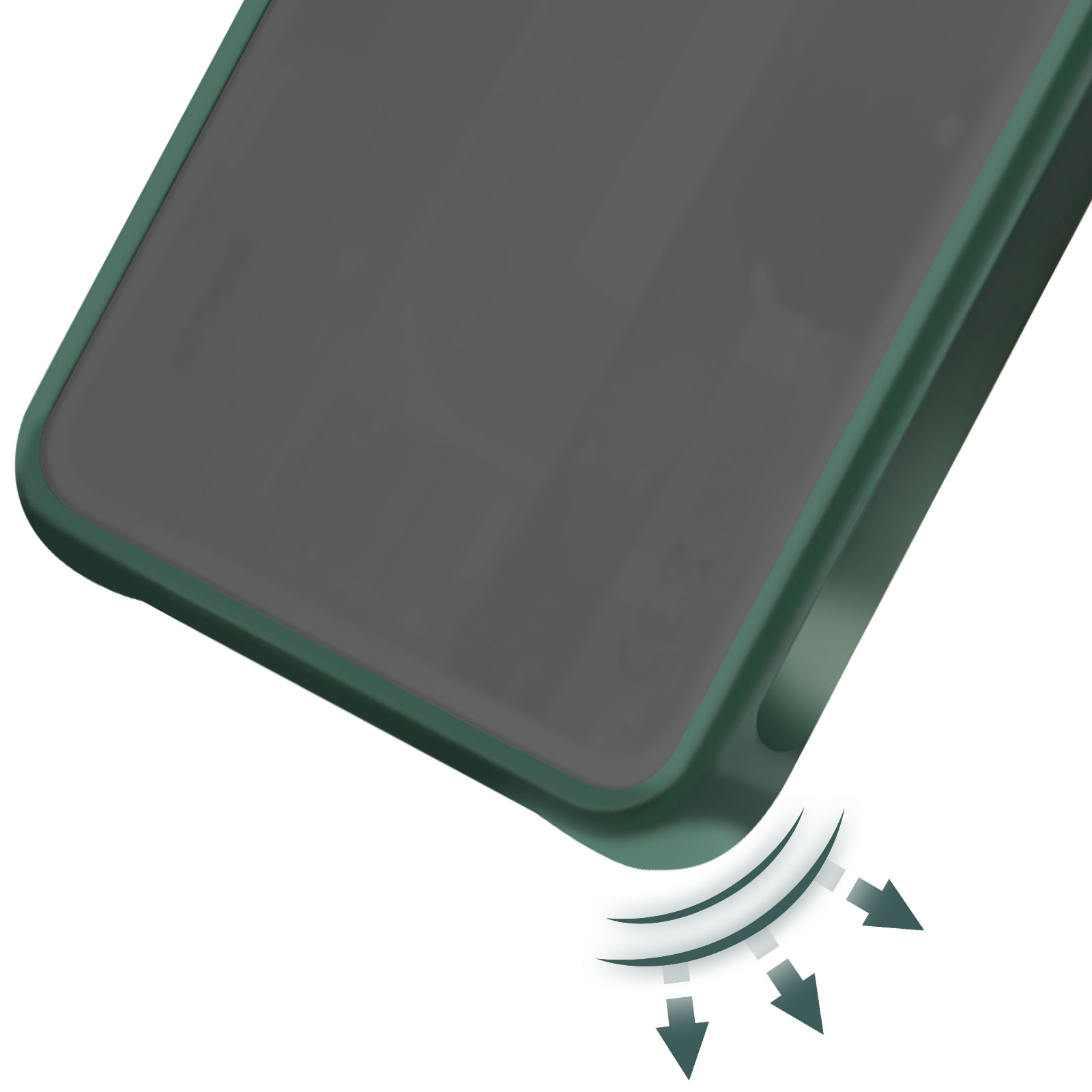 Een groene telefoonhoes met een donker scherm wordt van bovenaf weergegeven. Pijlen en gebogen lijnen suggereren een neerwaartse kracht.