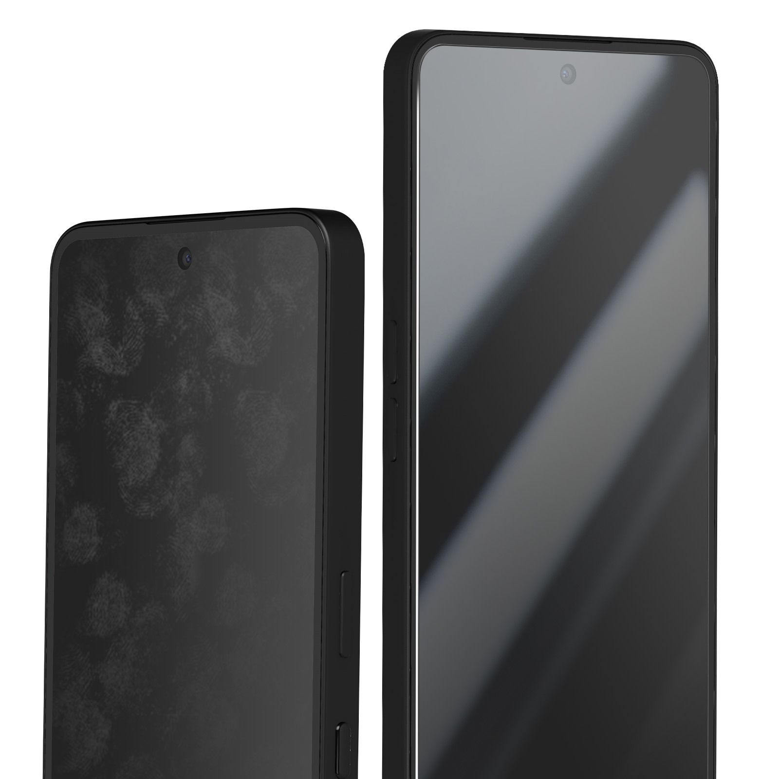 Due smartphone neri. Uno mostra impronte digitali, l'altro è pulito. Entrambi hanno fotocamere frontali e sfondo bianco.