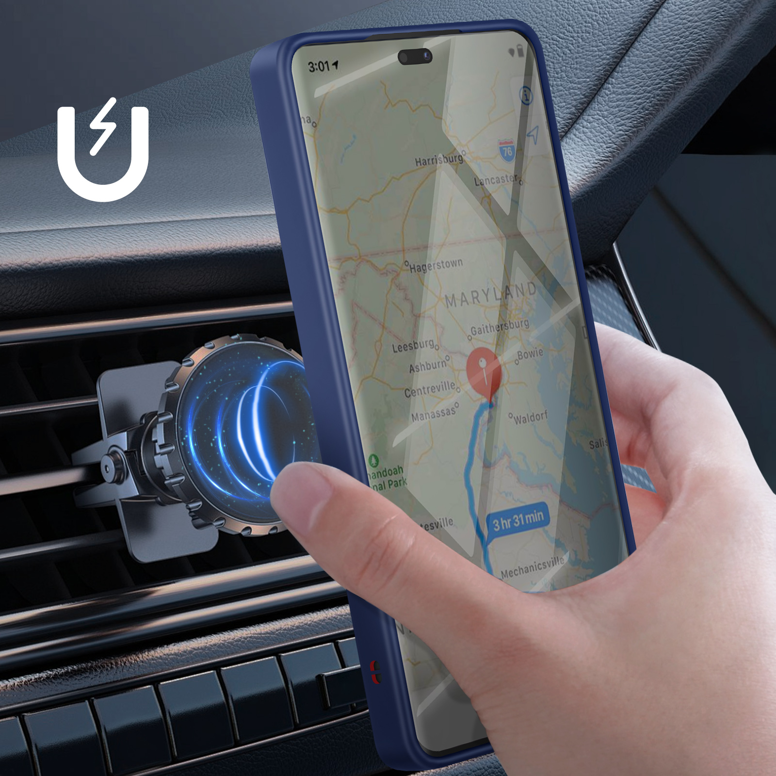 Mano che tiene un telefono con mappa, montato su una bocchetta dell'auto. Il telefono ha una custodia blu.