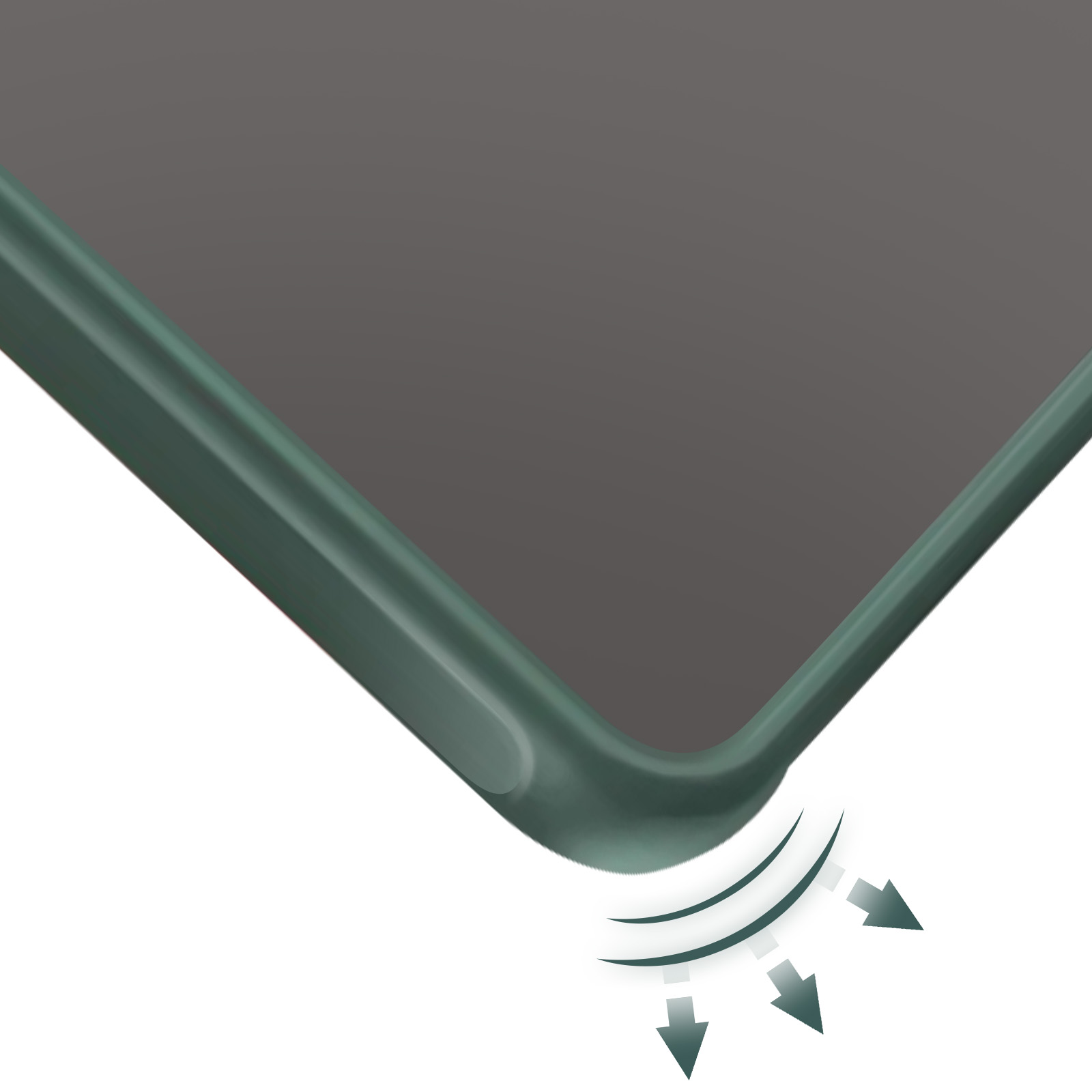 Une forme rectangulaire incurvée, vert foncé, gris foncé. Des flèches et des lignes courbes indiquent une pression vers le bas sur fond blanc.