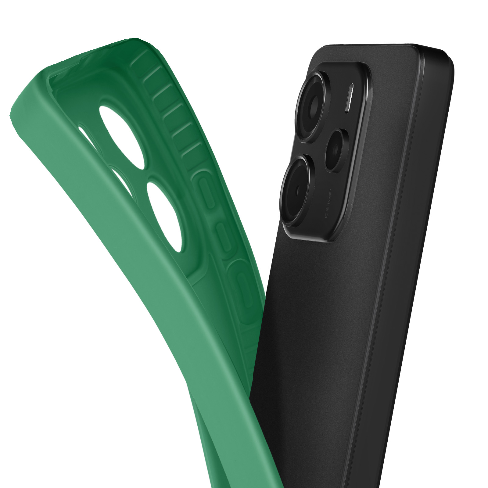 Una custodia verde per telefono accanto a uno smartphone nero. La custodia ha fori e il telefono ha più lenti.