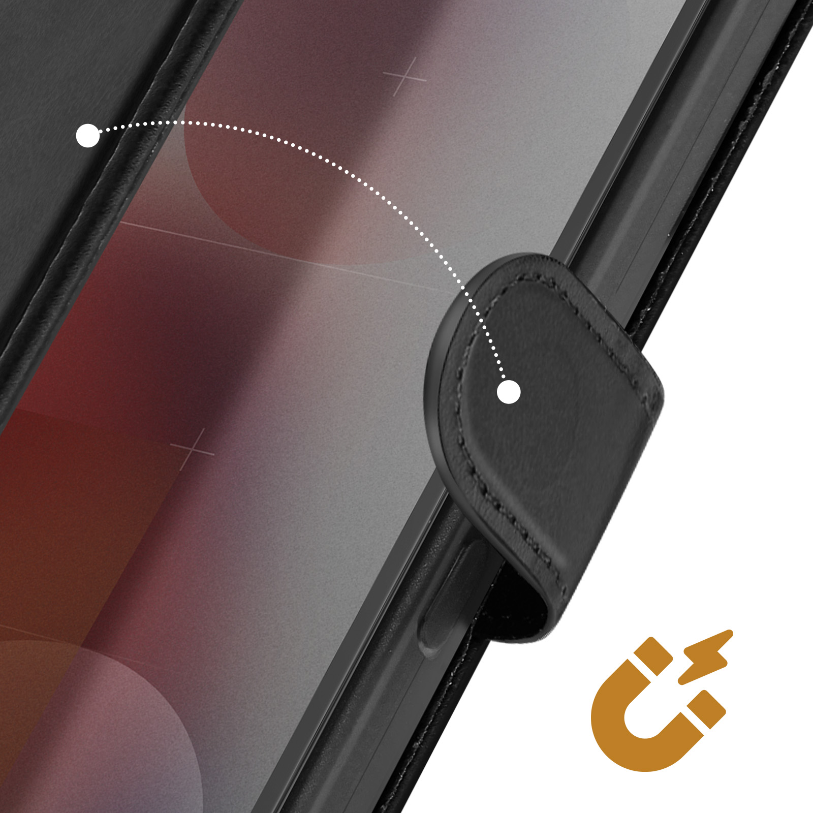 Custodia per telefono in pelle nera con icona di chiusura magnetica. Schermo visibile, con sfumature e segni bianchi.