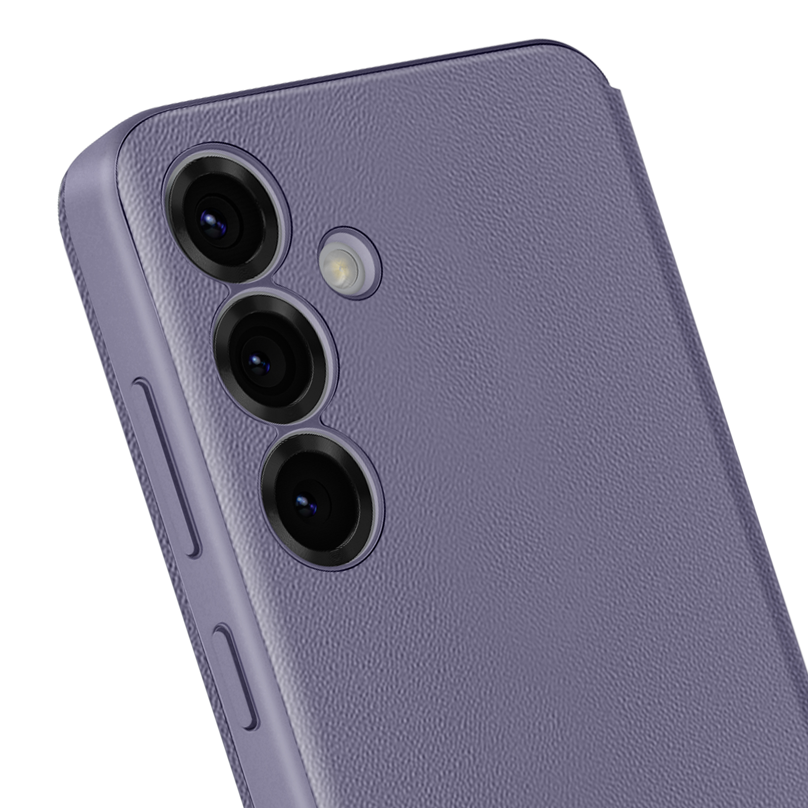 Primo piano di un telefono viola con tre obiettivi e un flash. Il telefono ha una superficie strutturata.