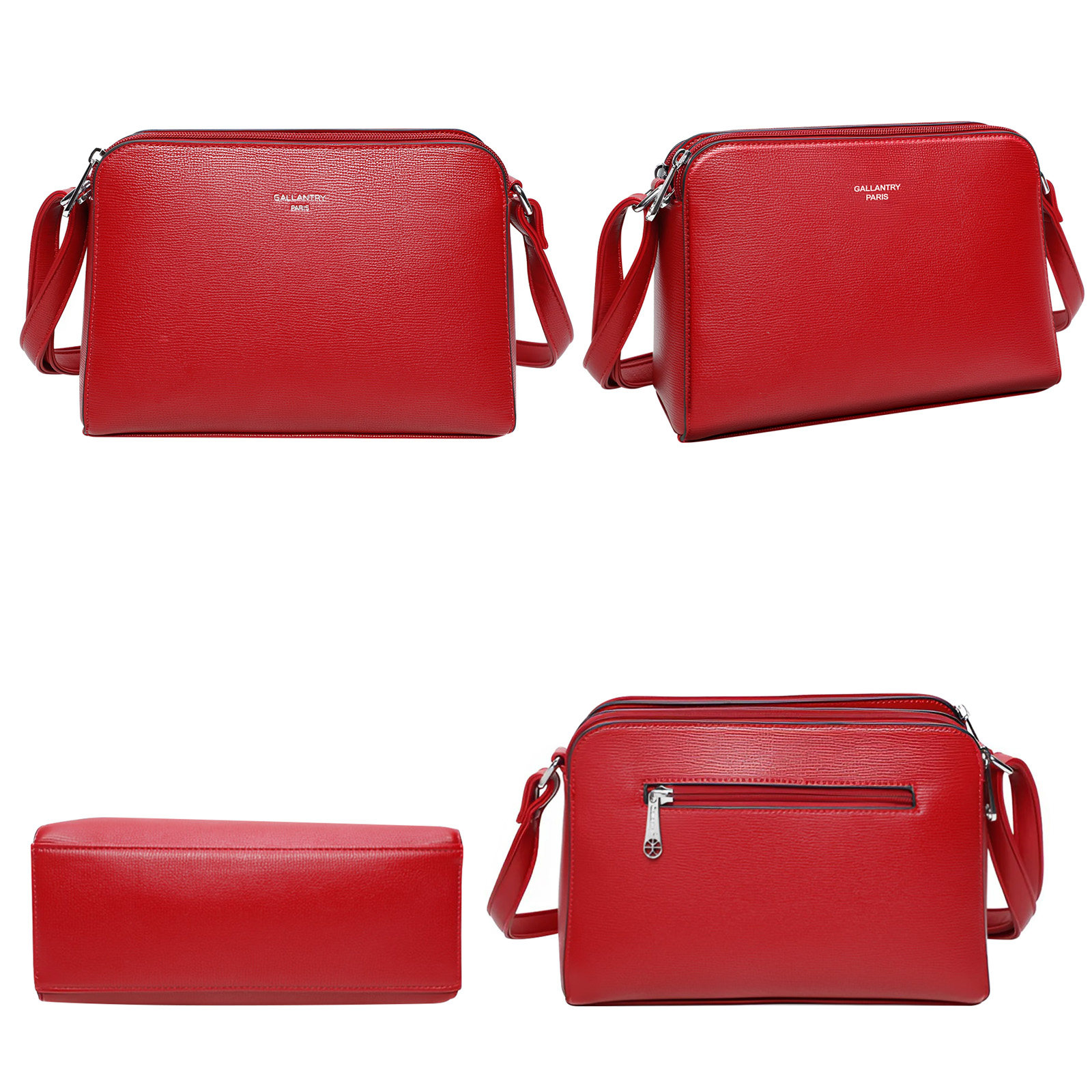 Cuatro vistas de un bolso bandolera de cuero rojo. El bolso tiene cremallera, correa y la marca 'GALLANTRY PARIS'.