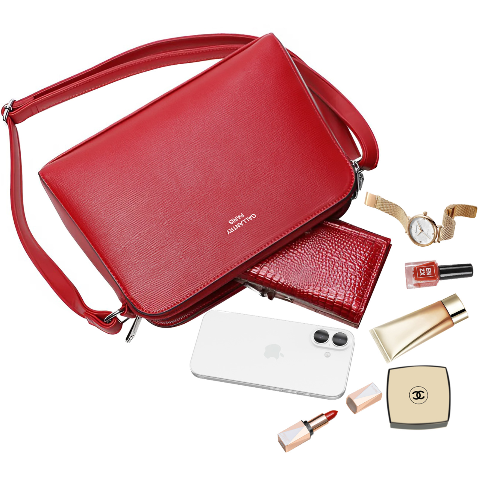Bolso rojo con cartera, teléfono, reloj, cosméticos. El bolso está abierto, mostrando una cartera. Otros artículos están alrededor del bolso.