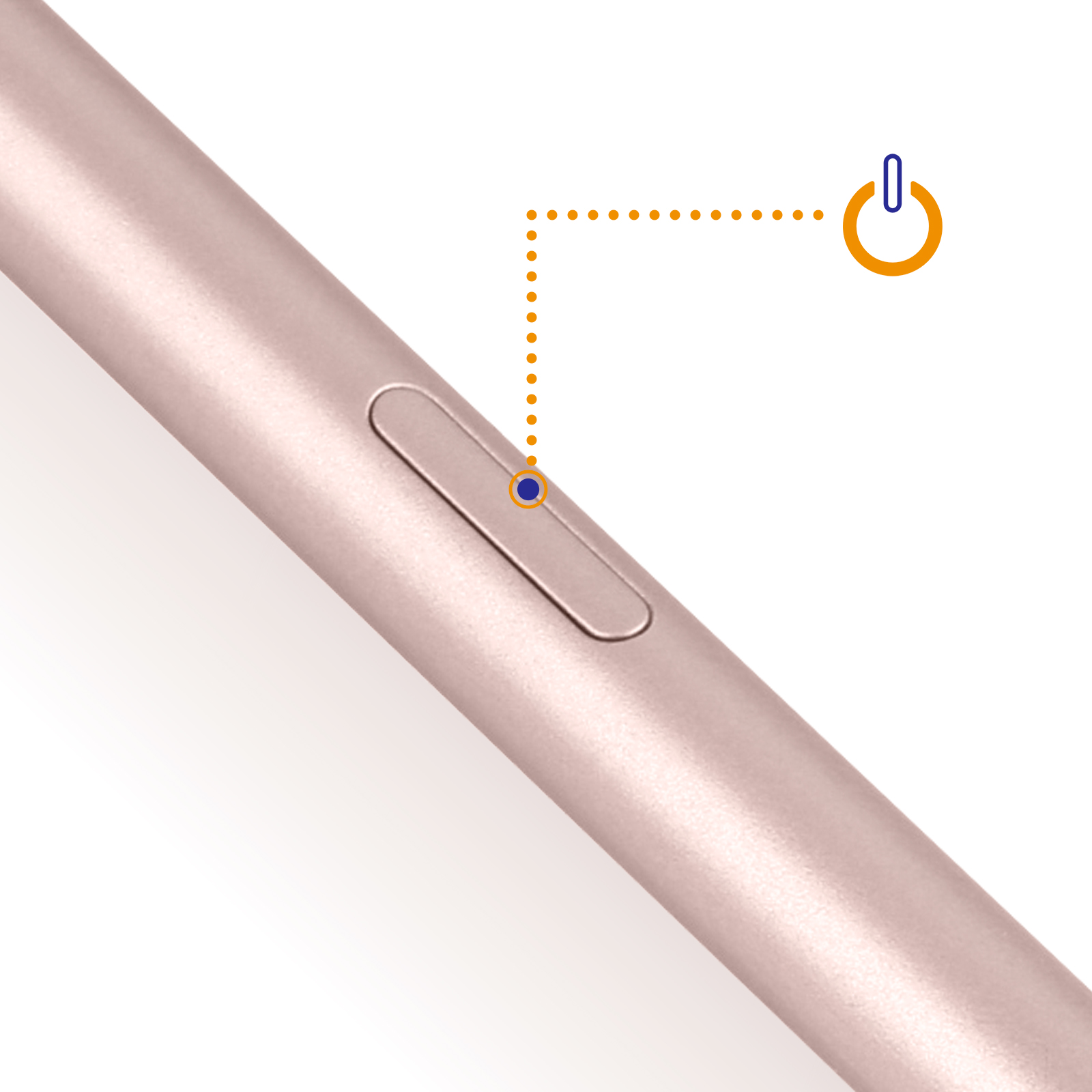 Un dispositivo color oro rosa con un'icona del pulsante di accensione. Un piccolo pulsante laterale, collegato all'icona da punti.