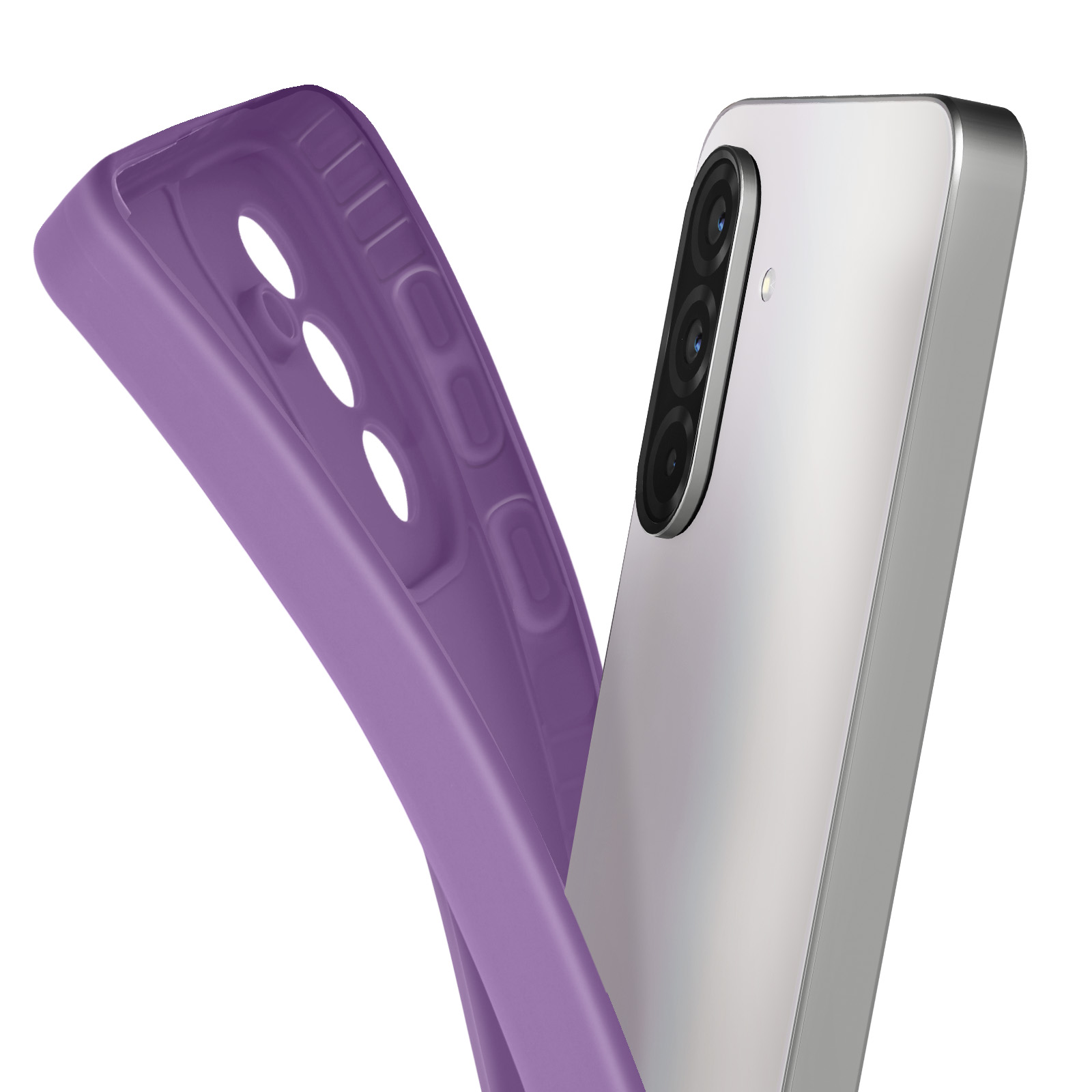 Een telefoon en een paarse telefoonhoes liggen naast elkaar. De telefoon heeft drie camera's.