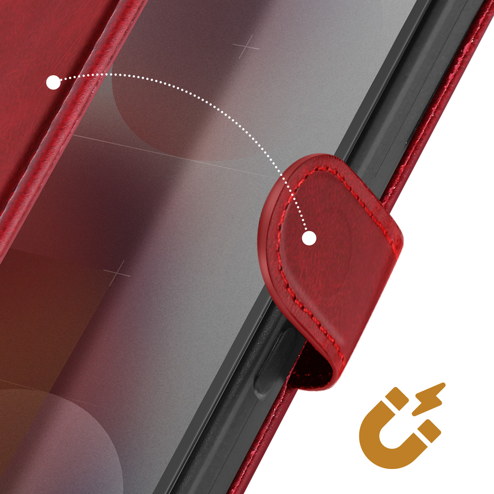 Custodia rossa per telefono con chiusura magnetica. Una linea tratteggiata mostra la connessione magnetica. Sfondo bianco con icona magnete marrone.