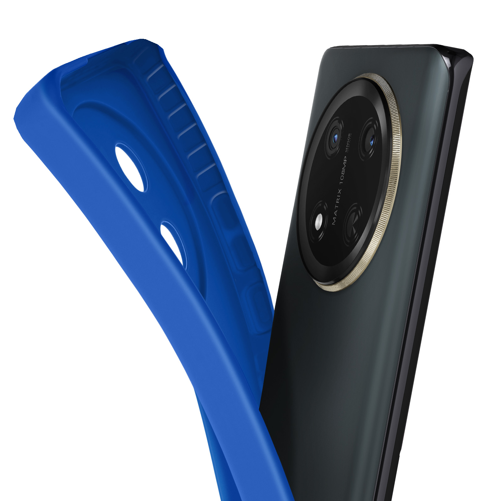 Una custodia blu accanto a uno smartphone nero con un ampio modulo fotocamera.