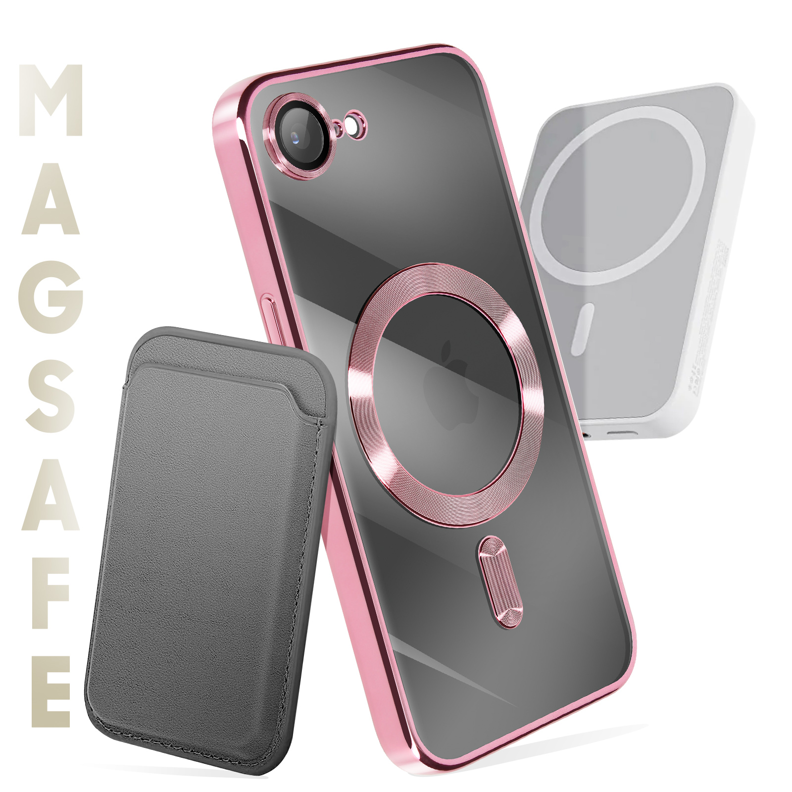 Une coque de téléphone, un porte-cartes et un chargeur sont affichés. La coque est rose, le porte-cartes est gris et le chargeur est blanc.