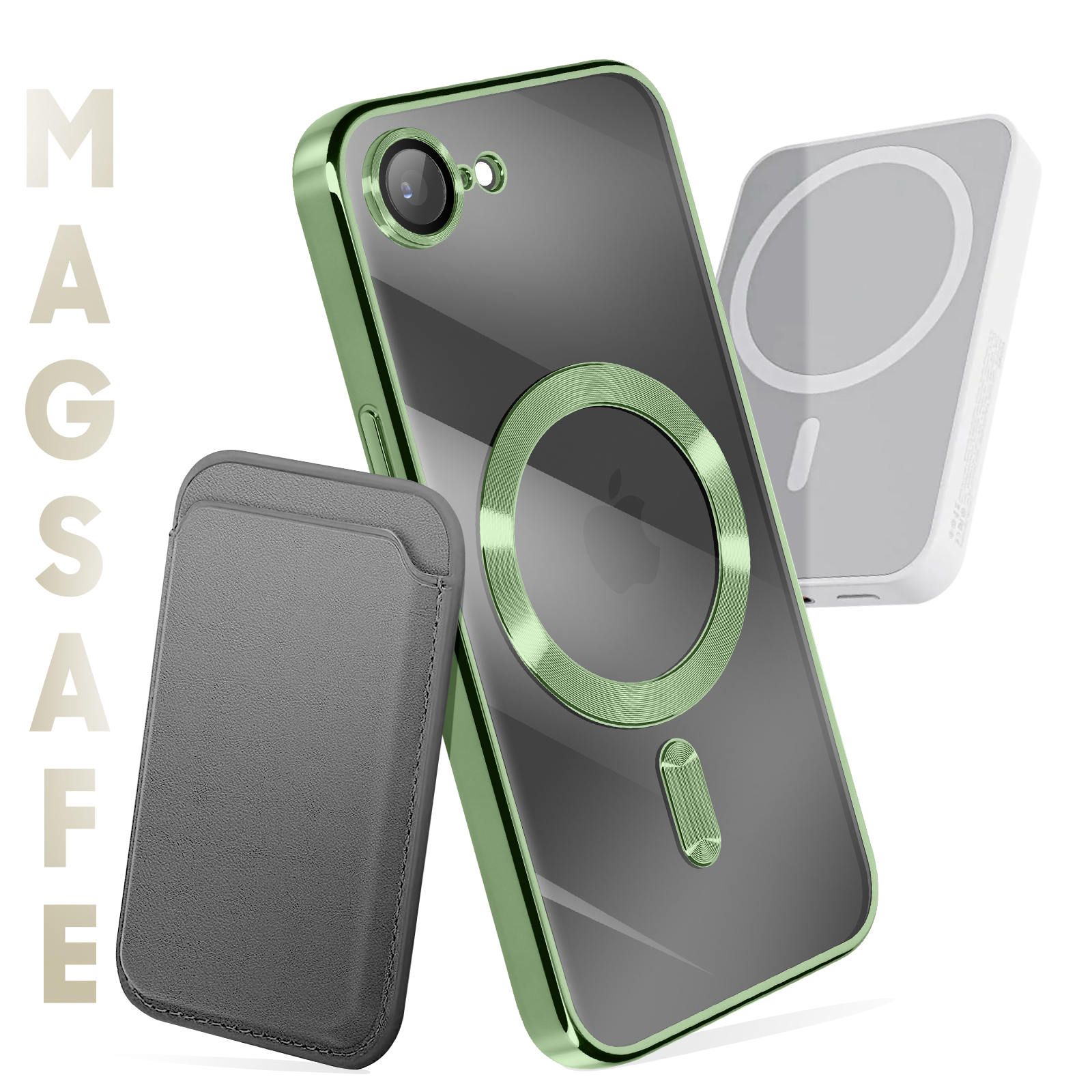Groene telefoonhoes, grijze kaarthouder en witte oplader. De hoes heeft een MagSafe-ring.