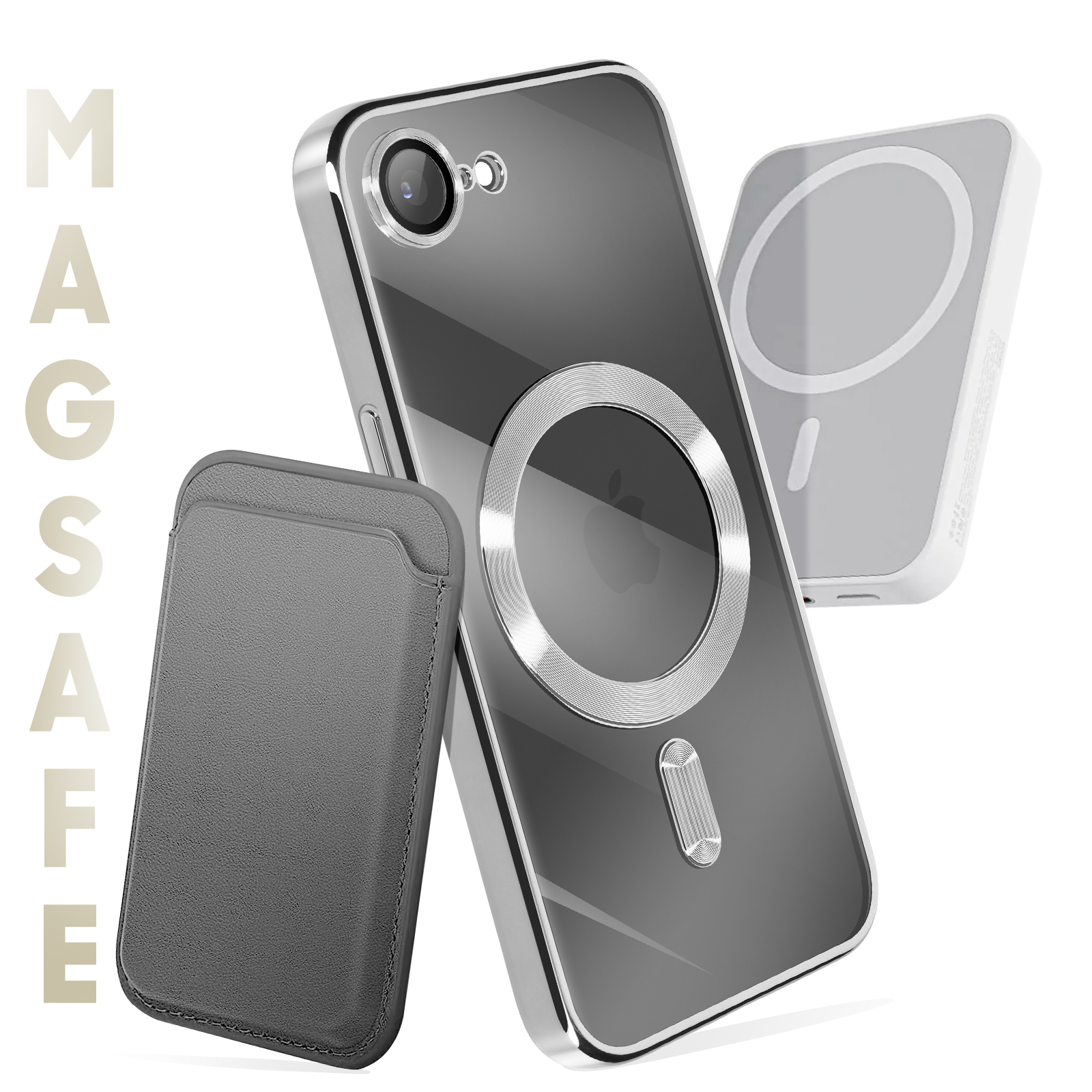 L'image montre une coque de téléphone, un portefeuille MagSafe et un chargeur. La coque du téléphone est à droite et le portefeuille à gauche.