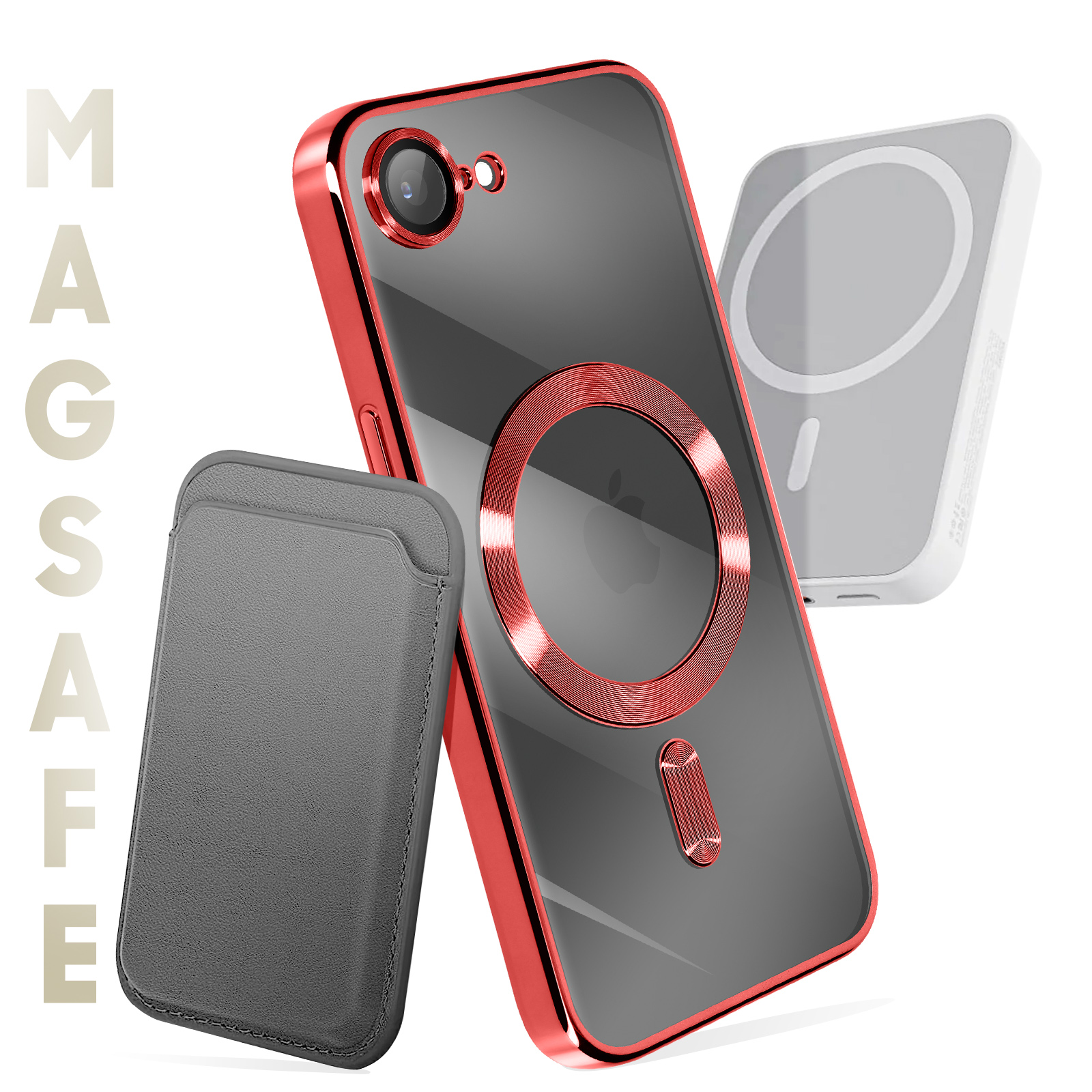 Afbeelding toont telefoonaccessoires. Een rood omrand telefoonhoesje, een grijze kaarthouder en een wit oplaadpad worden weergegeven.