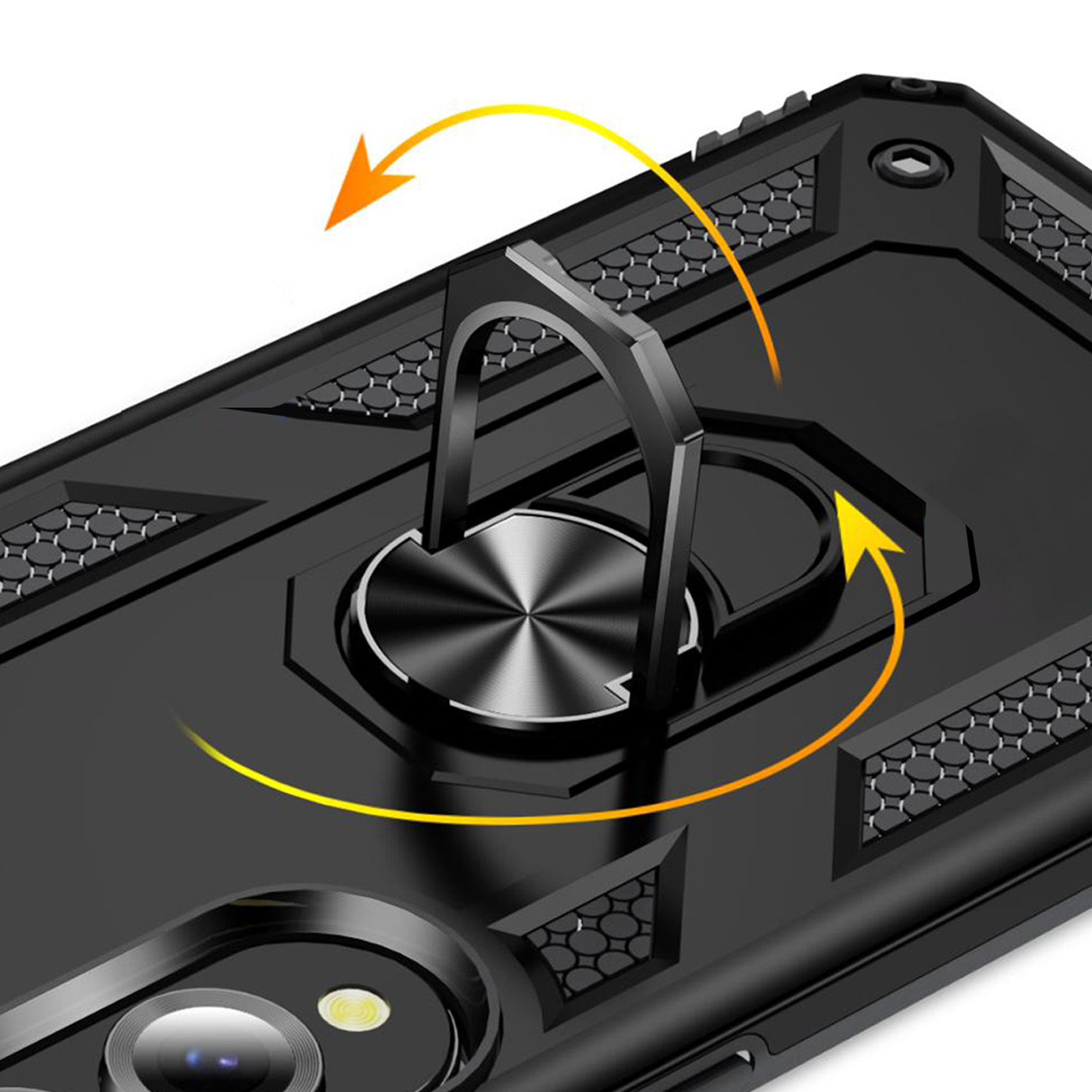Custodia nera per telefono con supporto ad anello. Frecce indicano la rotazione. La custodia ha una fotocamera e dettagli.
