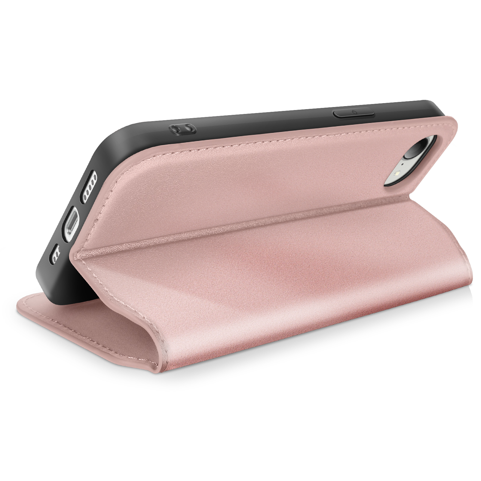Una custodia per telefono oro rosa è aperta, rivelando un telefono nero. La custodia è su una superficie bianca.