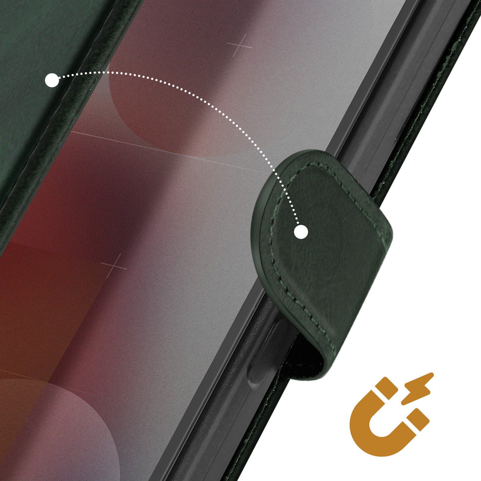 Custodia verde per telefono con icona di chiusura magnetica. La custodia è aperta, mostra lo schermo. Una linea tratteggiata evidenzia la funzione magnetica.