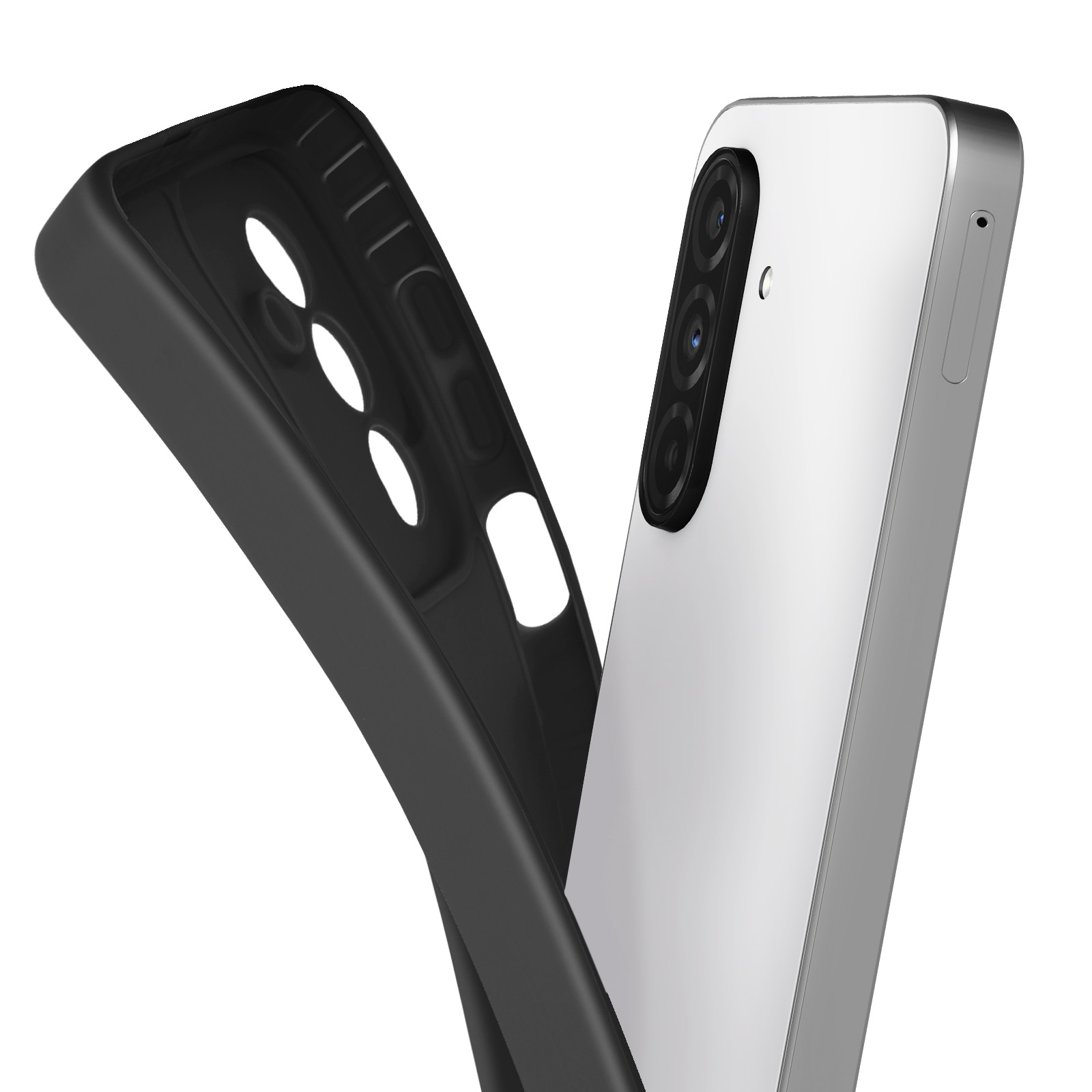 Uno smartphone bianco con custodia nera. La custodia è aperta, rivelando il retro e le lenti della fotocamera.