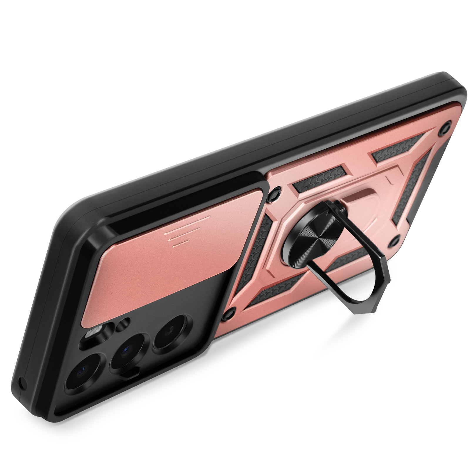 Custodia per telefono nera e oro rosa con anello. Presenta ritagli per fotocamera ed elementi di design geometrici.