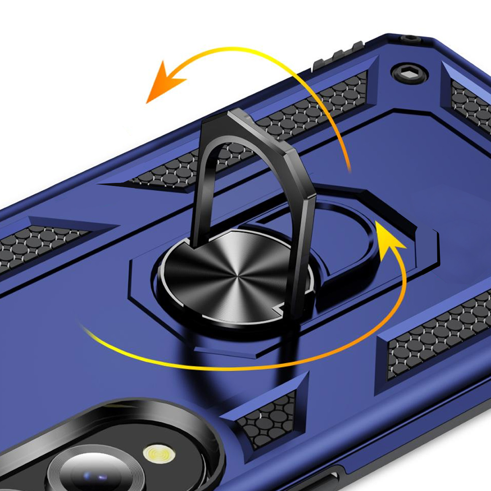 Custodia blu per telefono con supporto ad anello argentato. Frecce gialle indicano la rotazione. Obiettivo fotocamera nero visibile.