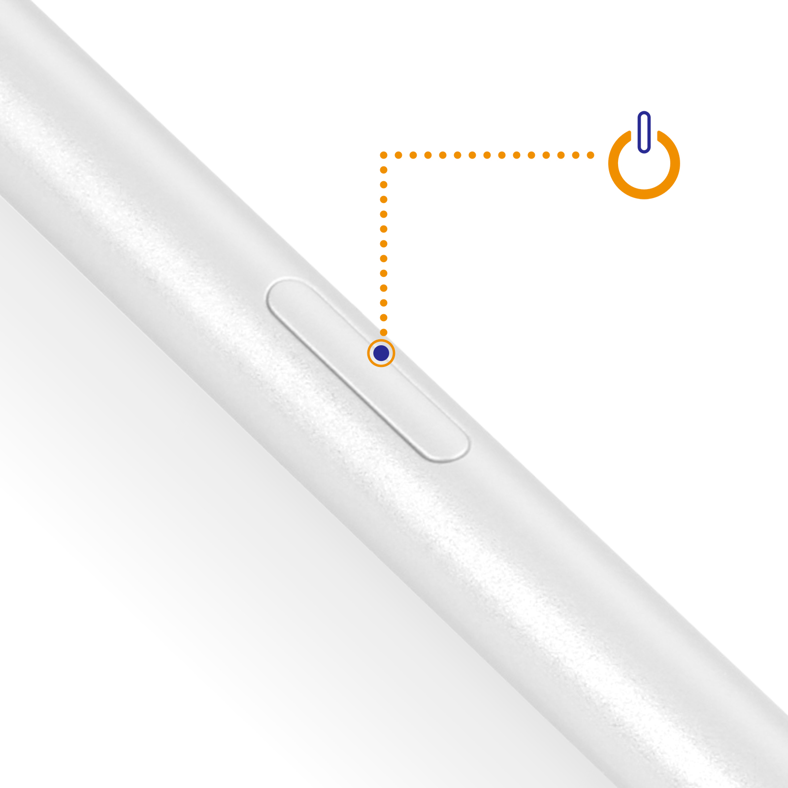 Un dispositivo bianco con un pulsante e un simbolo di accensione. Il simbolo di accensione è collegato al dispositivo tramite una linea tratteggiata.