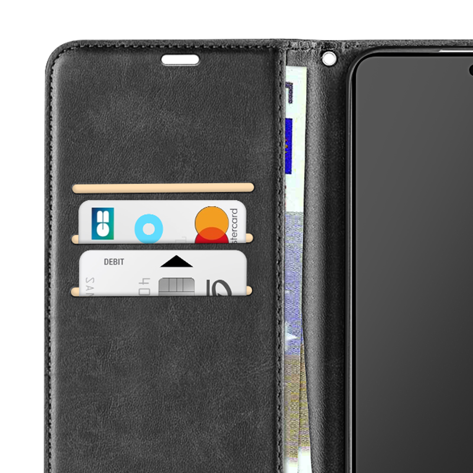 Portafoglio in pelle nera con carte di credito e smartphone a destra. Denaro visibile sullo sfondo.
